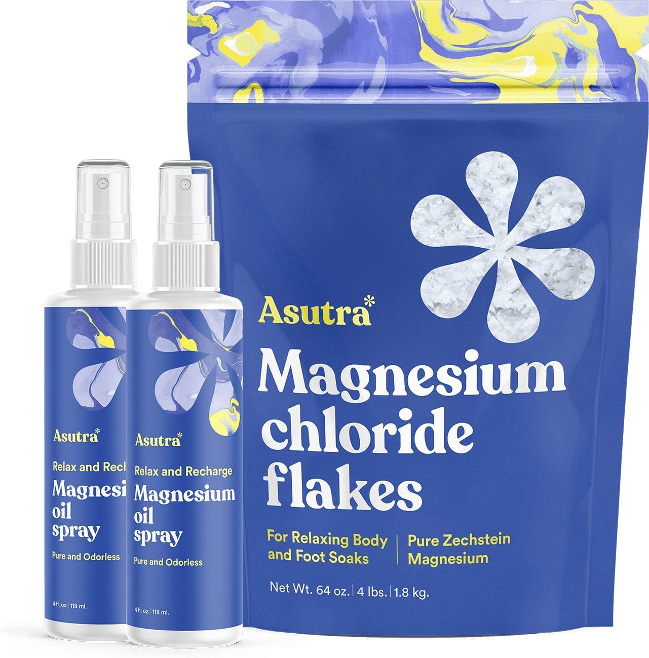 ASUTRA Topical Magnesium Bundle, 4 fl oz Magnesium Oil Spray (Pack of 2), 4 lb Bag of Bath Flakes, Rapid Absorption, Pure and Odorless, Derived from Zechstein Seabed