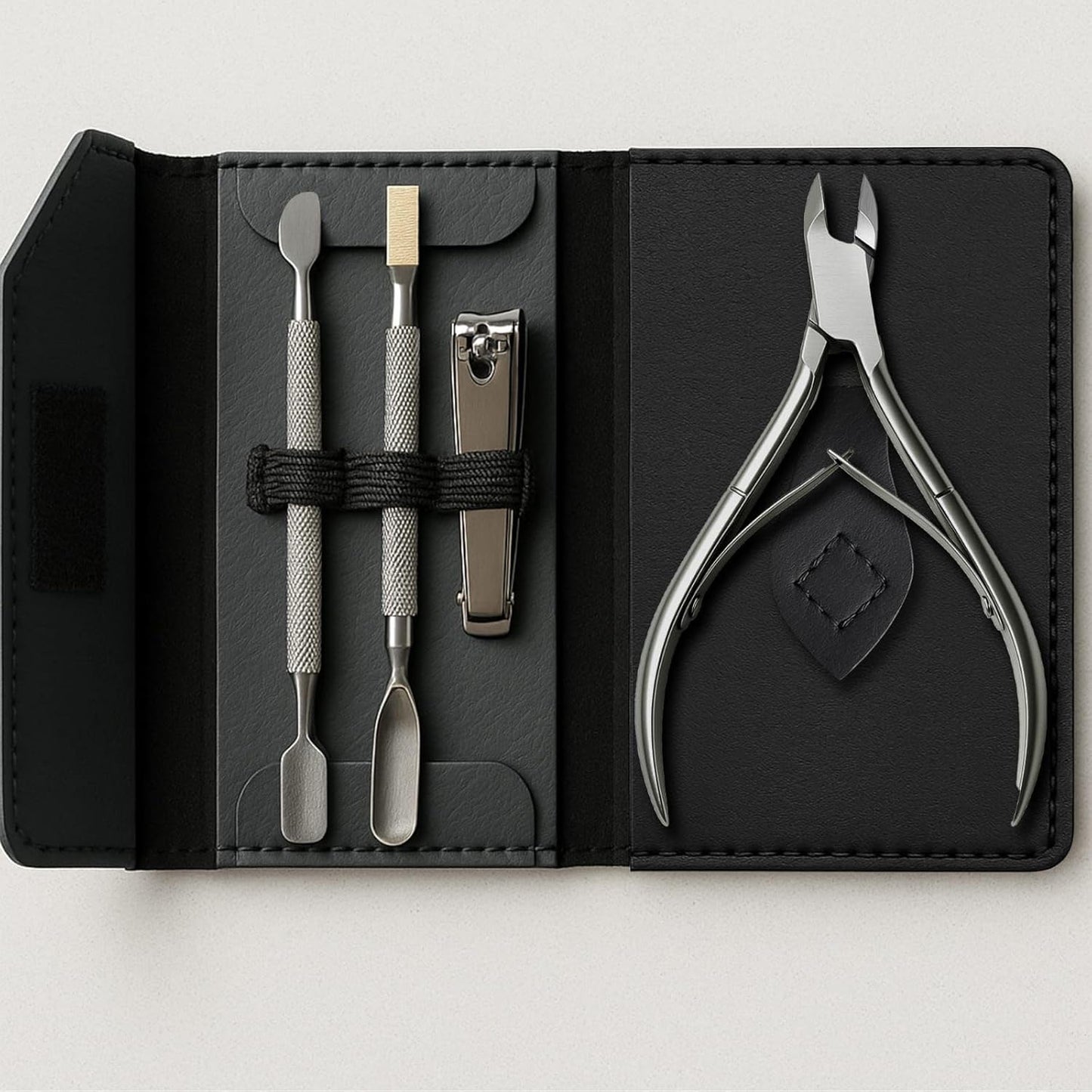 UM Supplies 4 Pieces Travel Set + Storage Pouch | Cuticle Nipper with 2 Pushers and Nail Cutter Stainless Steel | Manicure Pedicure Tool for Nail Care Jaw 14 (5mm) Double Spring