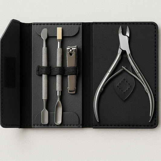 UM Supplies 4 Pieces Travel Set + Storage Pouch | Cuticle Nipper with 2 Pushers and Nail Cutter Stainless Steel | Manicure Pedicure Tool for Nail Care Jaw 14 (5mm) Double Spring