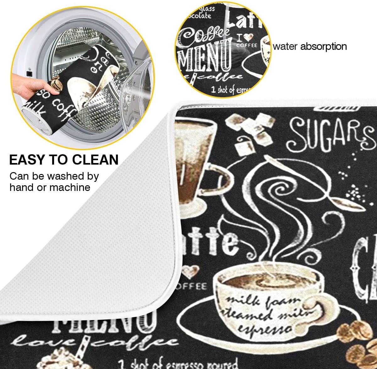 Coffee Black Dish Drying Mat for Kitchen Coffee Beans Maker Cappuccino Latte Chocolate Microfiber Drying Mats Absorbent Reversible Dish Pad Medium Dish Draining Mat 16x18 inch