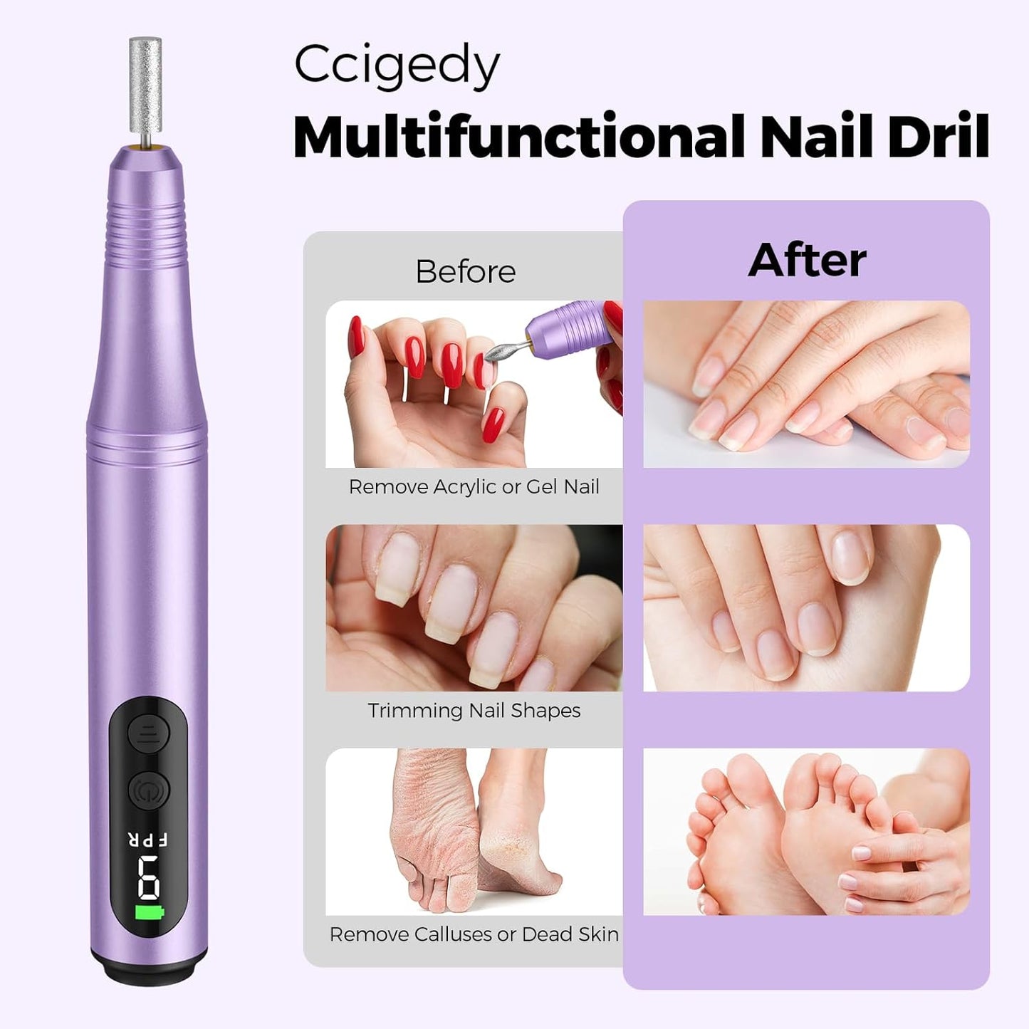 Cordless Electric Nail Drill File Kit Professional Portable Electric Nail File Set Machine for Acrylic Gel Nails,Toenail Hand Feet Care,9 Speed with LED Display Ideal Gift for Men and Women-Purple