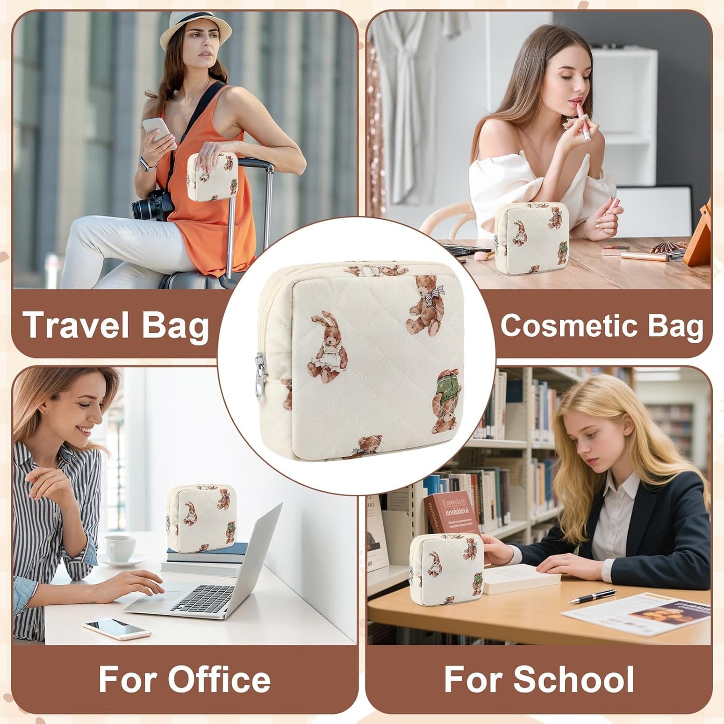 Small Quilted Cotton Makeup Bag for Purse Mini Cosmetic Period Bag for Women Cute Small Bear Makeup Sanitary Pouch Portable Travel Toiletry Bags with Zipper Slip in Pockets Birthday Gifts