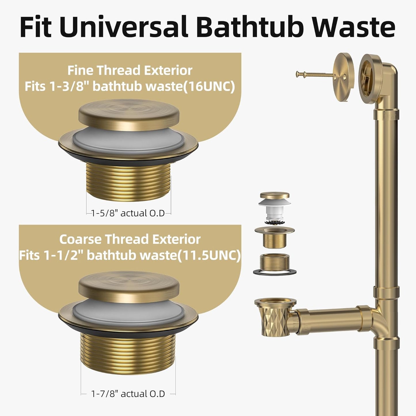 Brushed Gold Tub Drain Kit with Hair Catcher, Premium Brass Tip-Toe Bathroom Tub Drain Replacement and 2-Hole Overflow Faceplate, 11.5/16 UNC Bathtub Drain Stopper Assembly