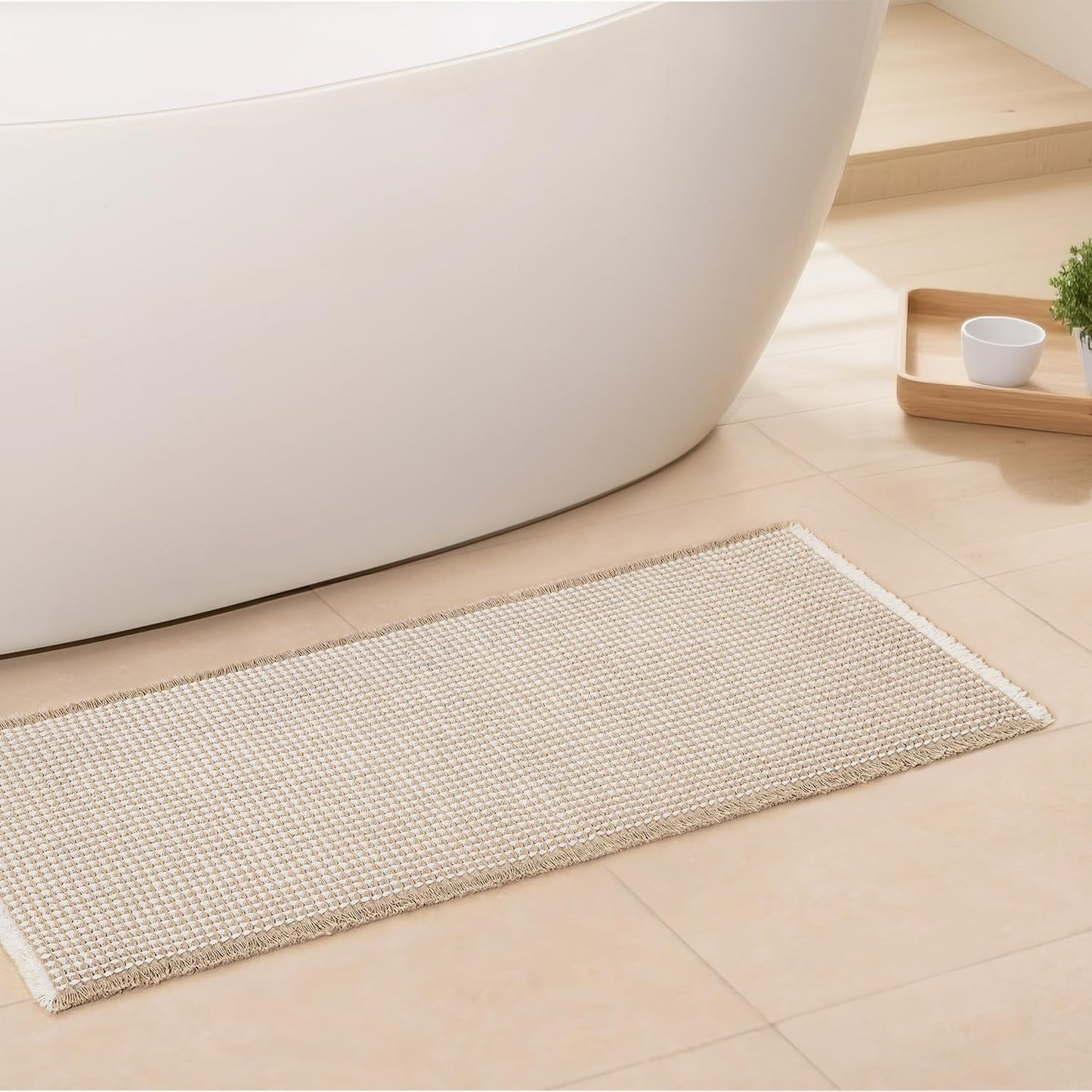 Waffle Bath Mat - Boho Bathroom Rugs Non Slip Washable, Super Absorbent & Quick Dry, Soft Bath Mat Farmhouse Bathroom Decor, 20'' x 48'', Khaki and White