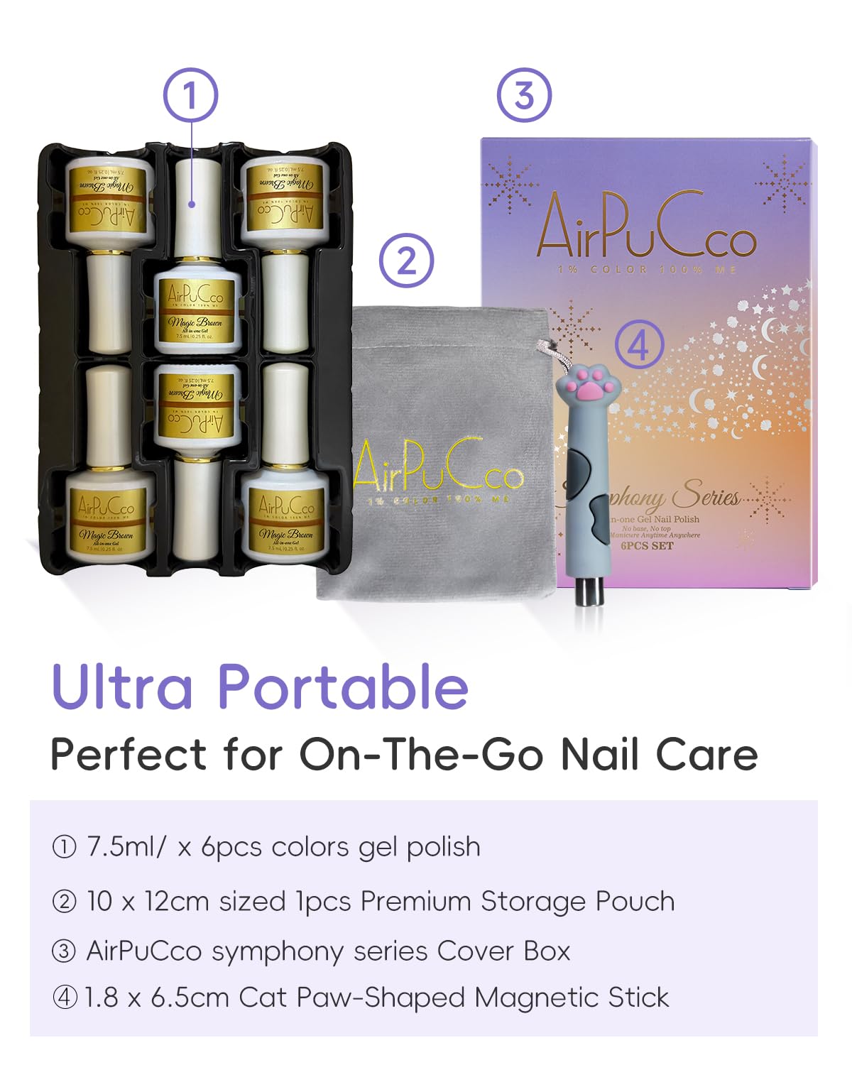 All-in-One Cat Eye Gel Nail Polish Kit, 6 Colors in Luxury Metallic Tones(Brown & Amber Gold, Red, Silver, Nude Pink), Soak Off Nail Art Set for Home DIY Manicure, Ultra-Portable Design