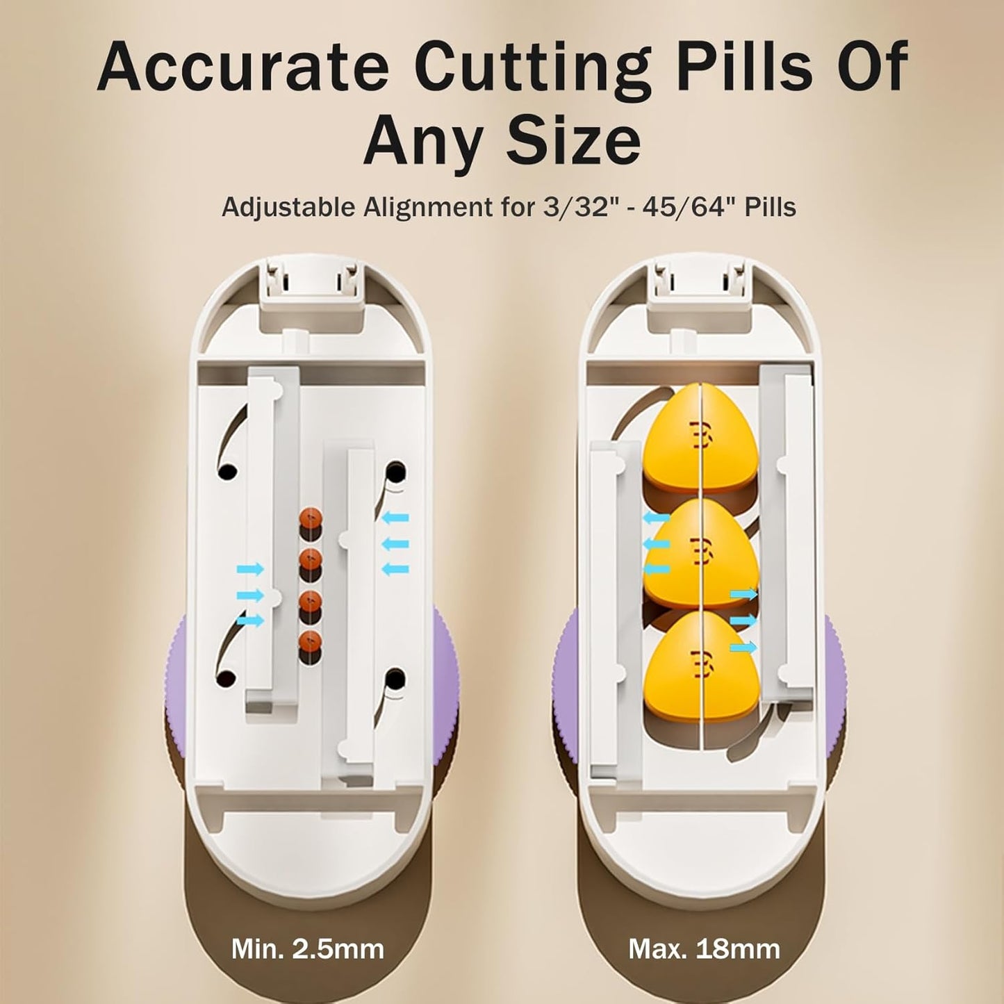 Multiple Pill Cutter - Pill Cutter Splitter for Small Tiny Large Pills Professional | Vertical Press-Down Cutting & Adjustable | Sturdy Blade & Guard | Includes Cleaning Brush (Purple)