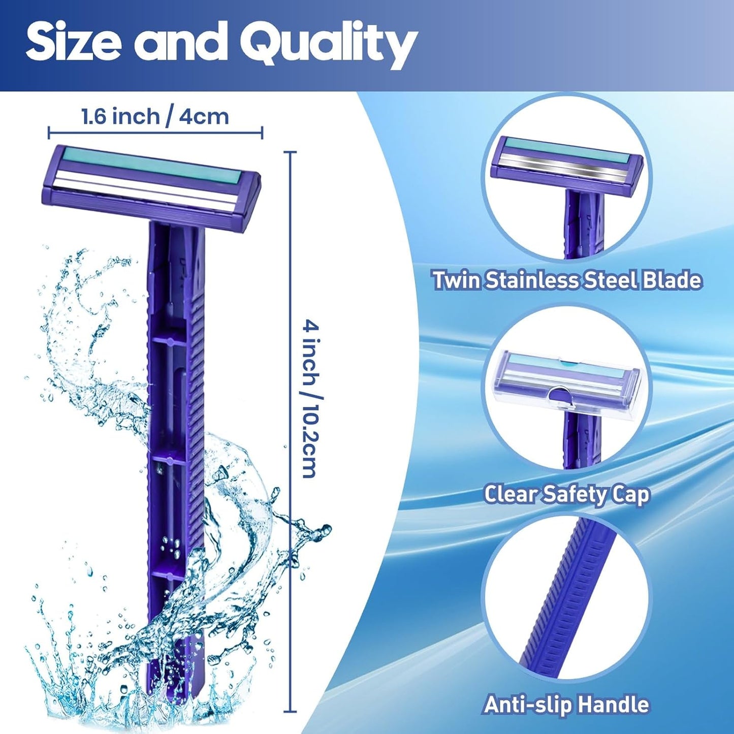 Twin Blade Disposable Razors for Men & Women – 60 Pack Bulk Stainless Steel Shavers with Lubricating Strip & Safety Cap, Non-Slip Handle for Sensitive Skin, Travel, Hotel, Charity (Blue)