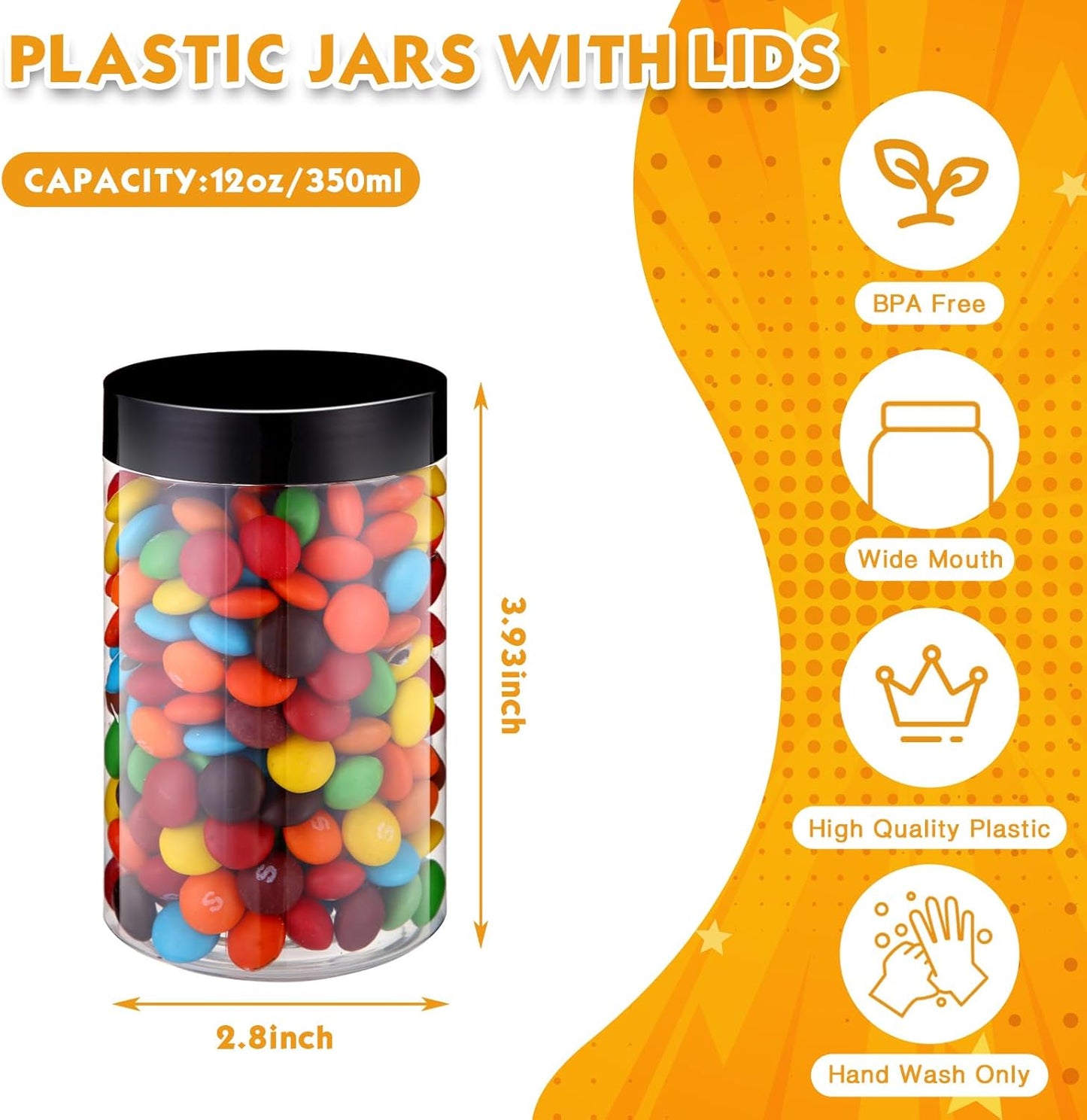 SATINIOR 12 Pack 12 oz Plastic Container Jars with Lids Round Clear Travel Cosmetic Container Slime Jars for Toiletries, Lotion, Cream, Ointments, Makeup, Rhinestone, Samples, Kitchen Storage(Black)