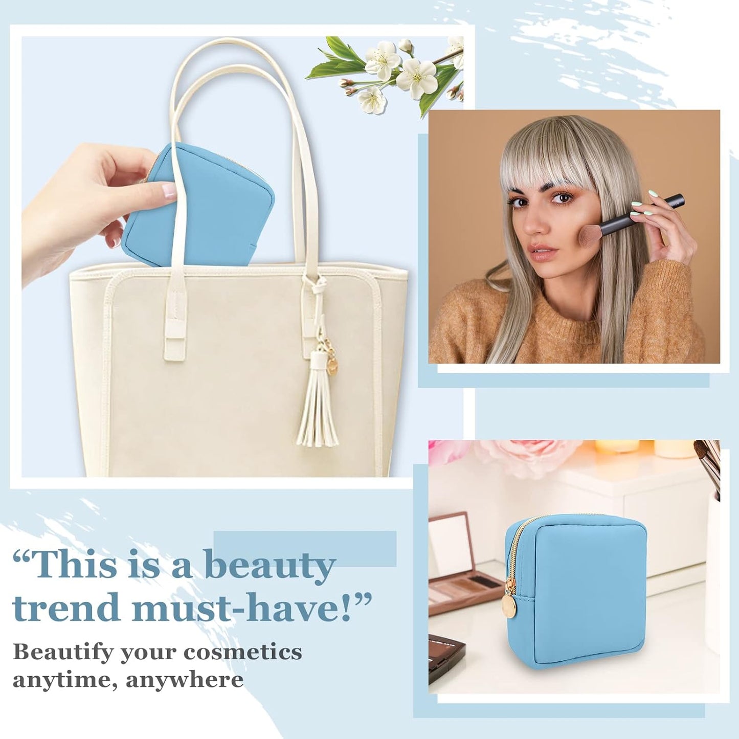 Nylon Mini Makeup Bag for Purse, Preppy Small Cute Makeup Bag Cosmetic Zipper Pouch Purse, Waterproof Travel Coin Pouch Sanitary Napkin Storage Bag Clutch Make Up Organizer Bag for Women Girls(Blue)