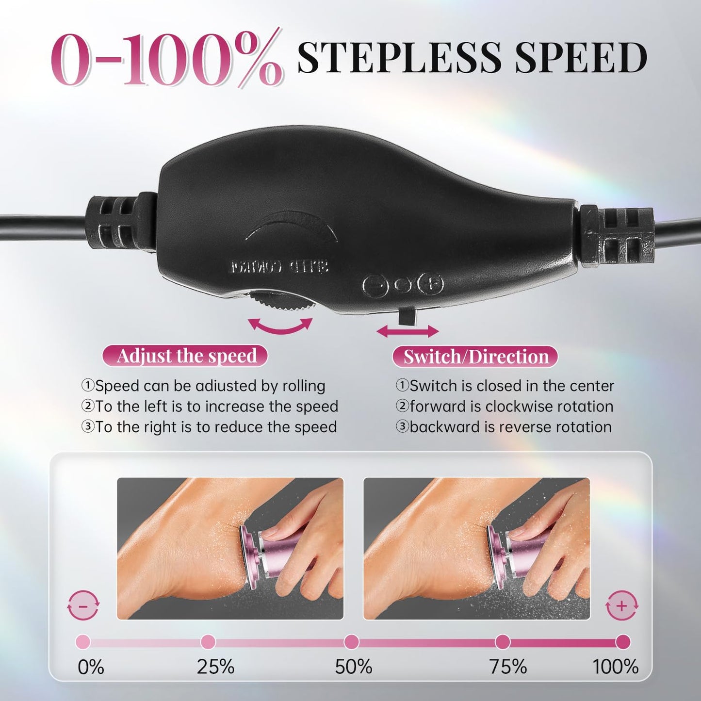 krofaue Electric Foot File Remover Callus - Professional Aluminum File Grinder Adjustable Pedicure Tools with 60pcs Sandpaper Disks for Dead Skin