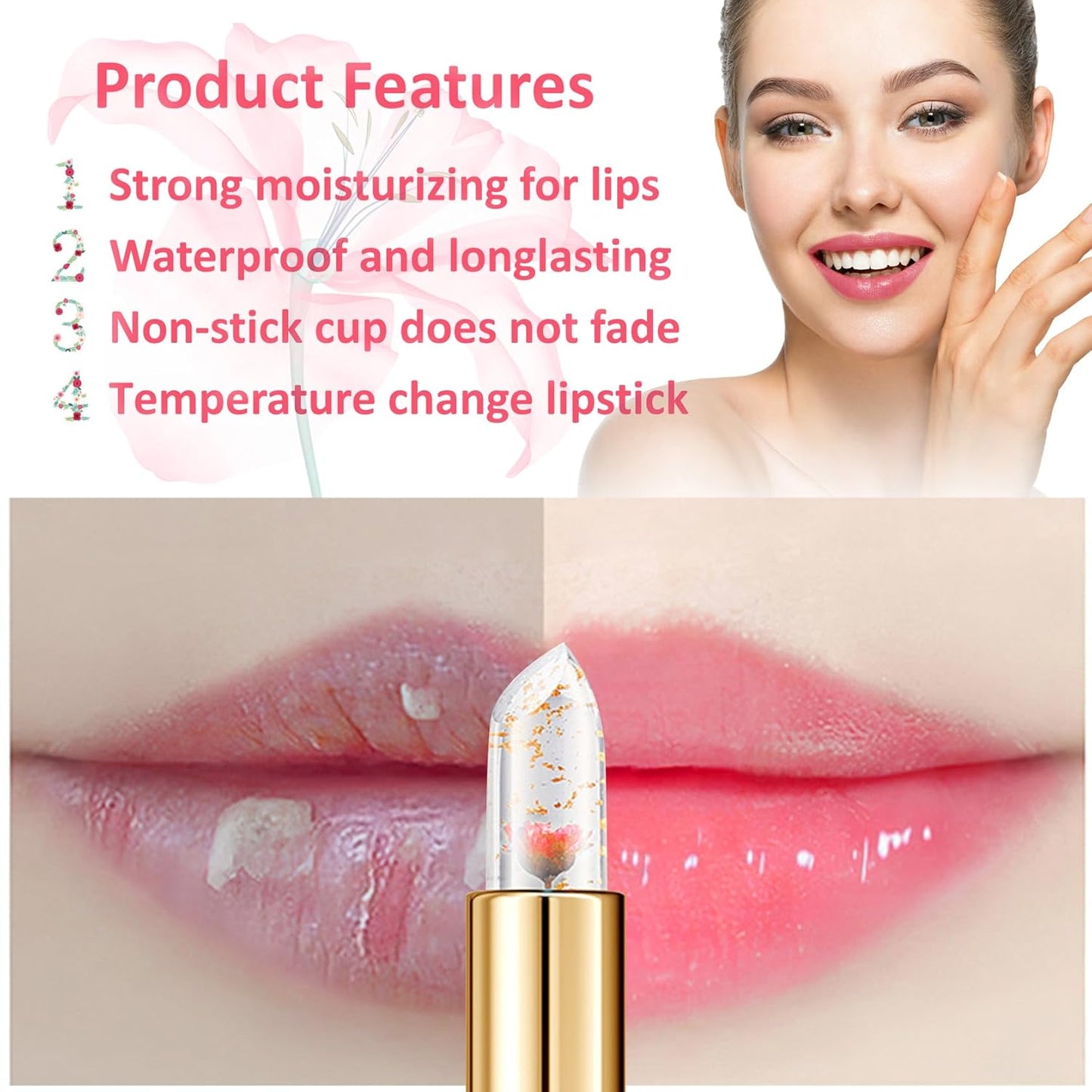 2 Pack Crystal Flower Jelly Lipstick,Magic Color Changing Lipstick,PH Clear Temperature Color Changing Lip Gloss,Lip Balm,Long Lasting Nourishing Moisturizing Lip Stick Set H01+02