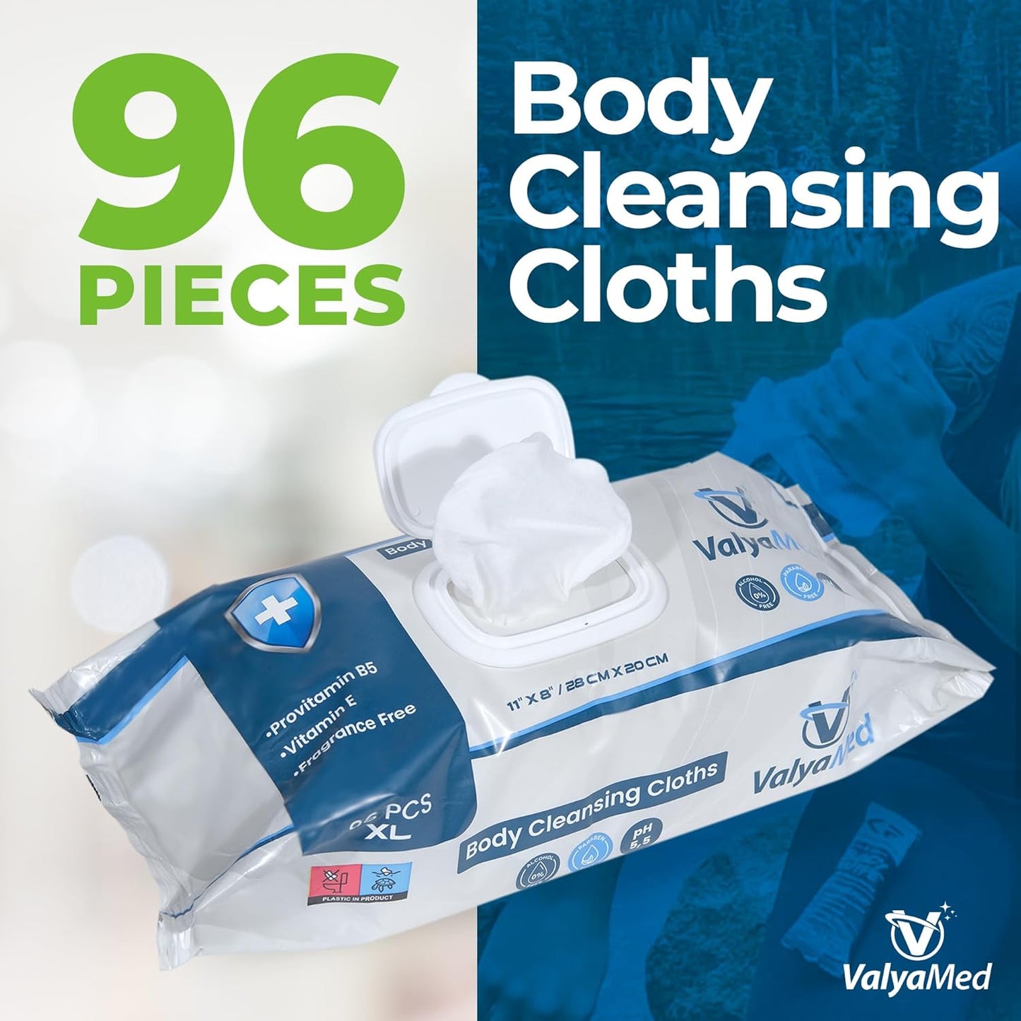 XL Body Wipes for Adults and Elderly - Alcohol-Free Incontinence Wipes, Paraben-Free, Fragrance-Free, With Vitamin E and Provitamin B5 - 11'' x 8'' (96 Count - Single Pack)