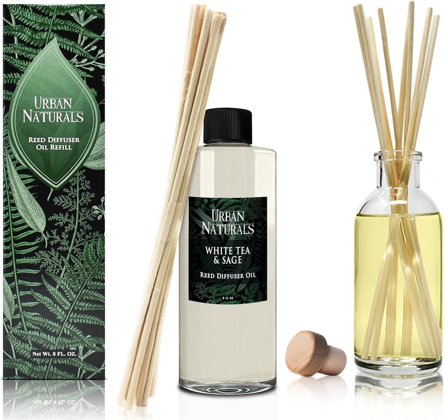 Urban Naturals Reed Diffuser Oil Refill White Tea Sage with Bergamot, Soft Herbal Notes 8 oz + Free Reed Sticks, Made in The USA