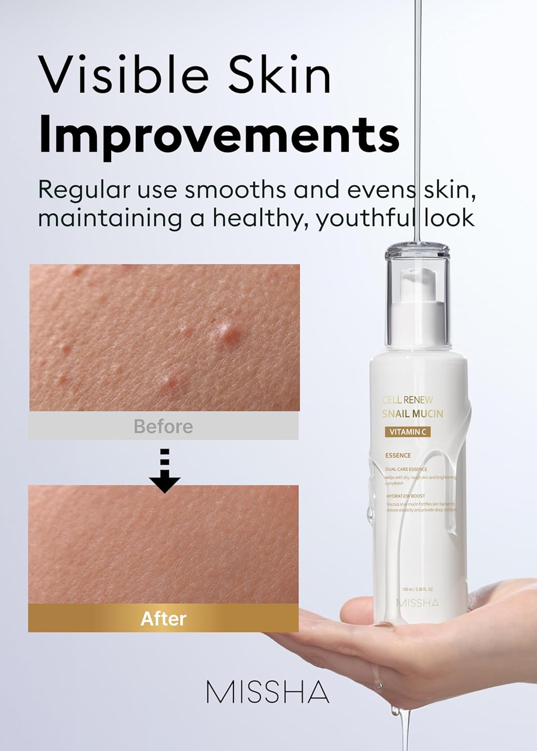 MISSHA Cell Renew Snail Mucin Vitamin C Essence Serum 3.38 Fl oz - Hydrating Korean Skincare for Glass Skin, Snail Mucin Serum for Improved Skin Texture & Complexion