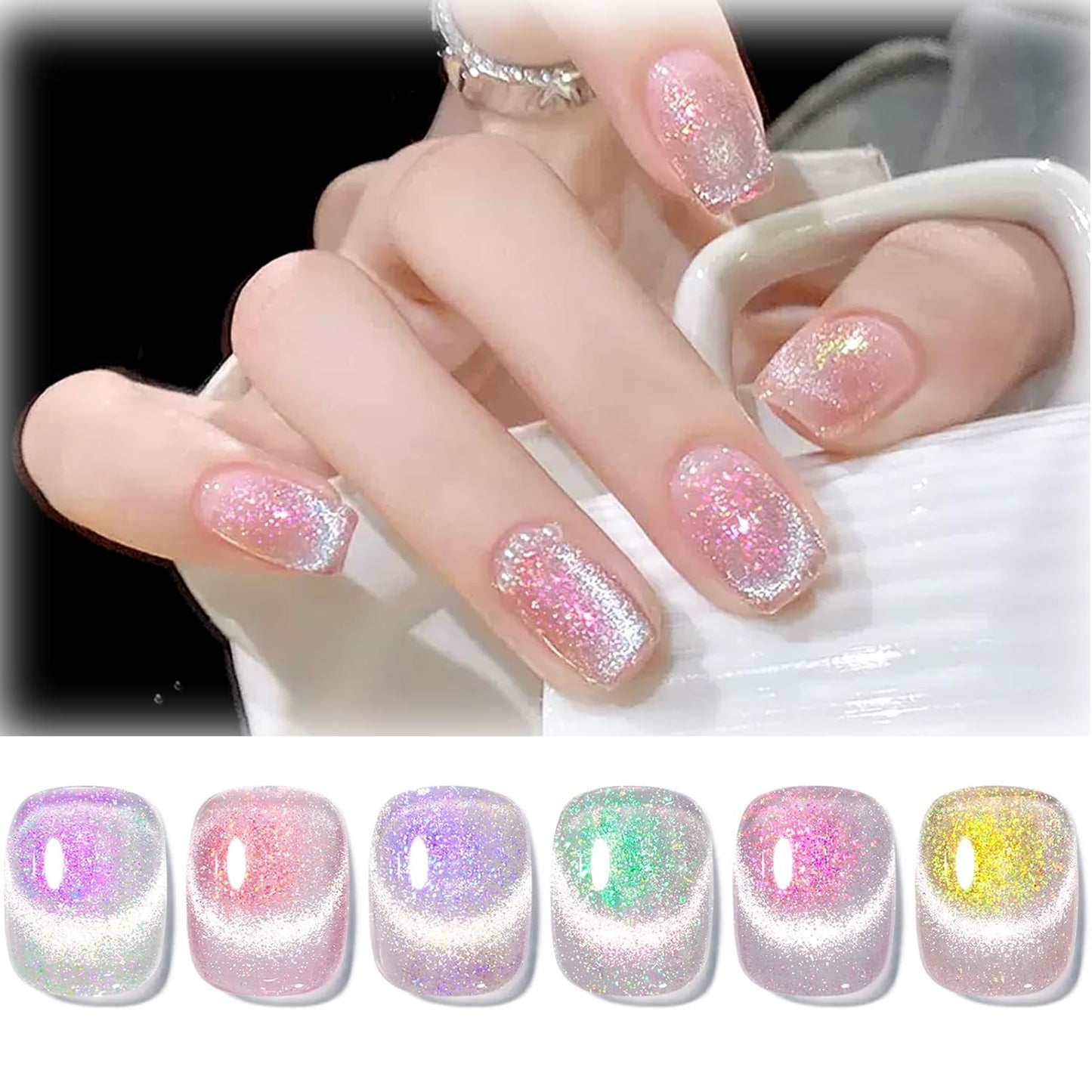 Born Pretty Cat Magnetic Eye Gel Nail Polish, Mermaid Aurora Holographic Pink Blue Green Yellow Gel Polish, Soak Off U V LED Gel Polish Nail Art Design Manicure Salon DIY Home 7ML 6PCS