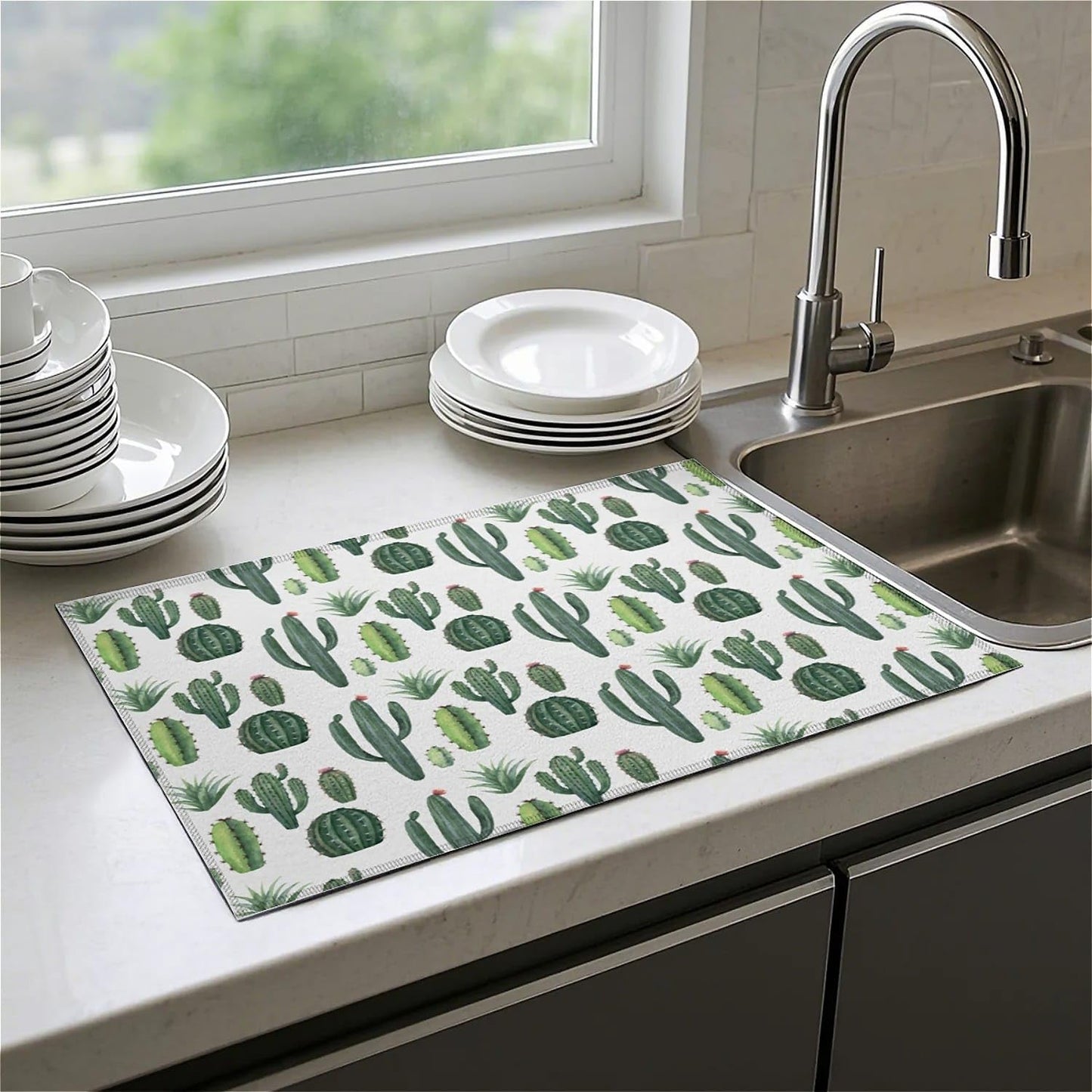 Dish Drying Mat For Kitchen Counter, Green Cute Cactus Microfiber Absorbent Dish Drainer Rack Pad Reusable Large 18x24in Drying Mat