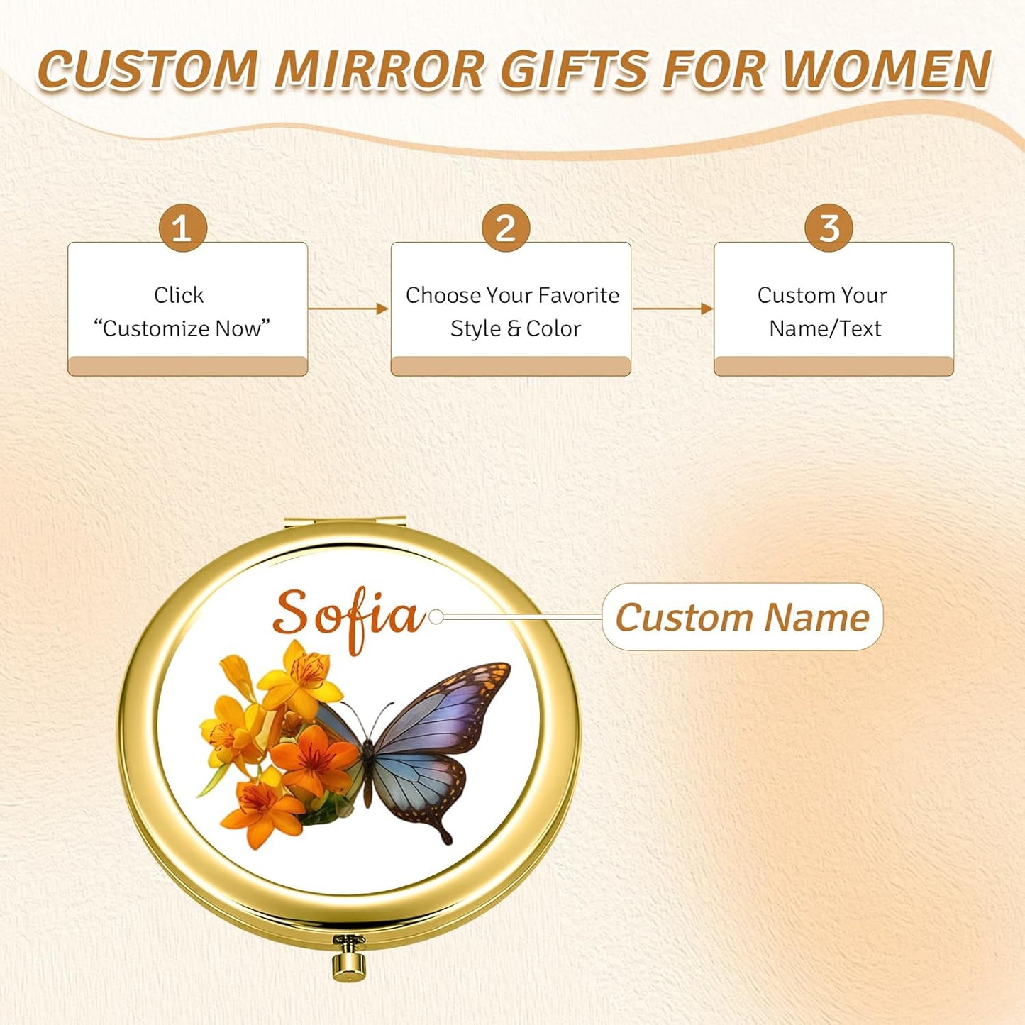 Custom Compact Mirror with Name - Personalized Flip Makeup Travel Pocket Mirror Gift for Women Bridesmaids Wedding Birthday (Butterfly Flower)