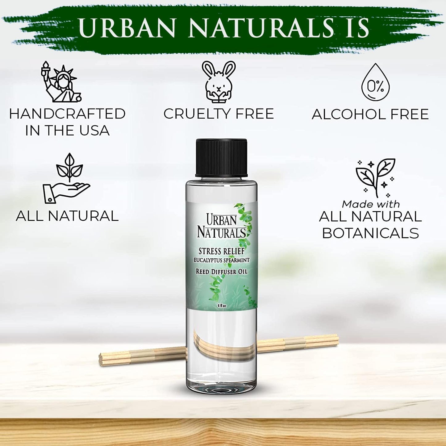 Urban Naturals Stress Relief Eucalyptus Spearmint Reed Diffuser Oil Refill | Fill Your own DIY Diffuser Bottle! Includes Replacement Reed Sticks