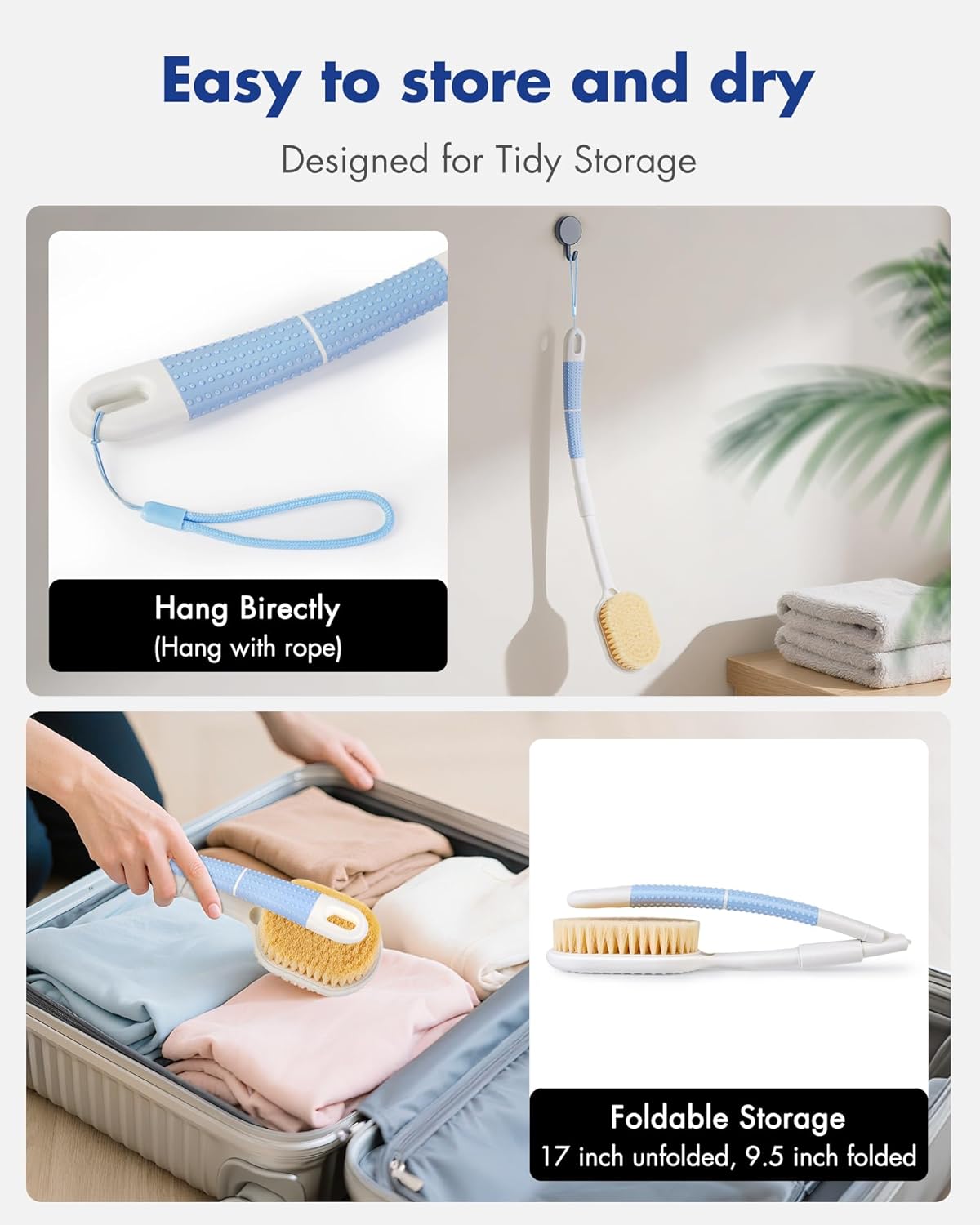 Rafow Ergonomic Back Scrubber for Shower - Anti Slip Long Handle Bath Brush with Stiff and Soft Bristles - Showering Exfoliator Wet or Dry Brushing for Women, Men, Elderly (Curved Handle Blue)