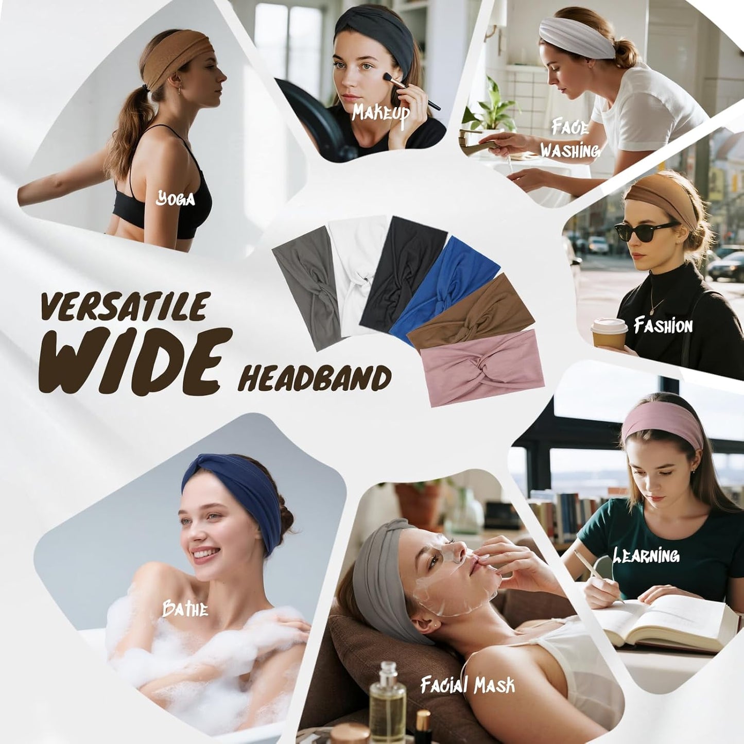 Headbands for Women, Non Silp Wide Hair Bands, Elastic Thick Head Bands, Stretchy Soft Sports Sweat Bands for Spa Workout Running Gym, Twist Knotted Cotton Cloth Turban Hair Accessories 6Pcs