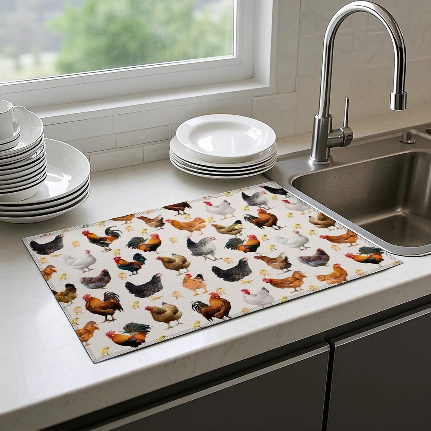 Dish Drying Mat For Kitchen Counter, Hens Roosters And Chickens Microfiber Absorbent Dish Drainer Rack Pad Reusable Large 18x24in Drying Mat