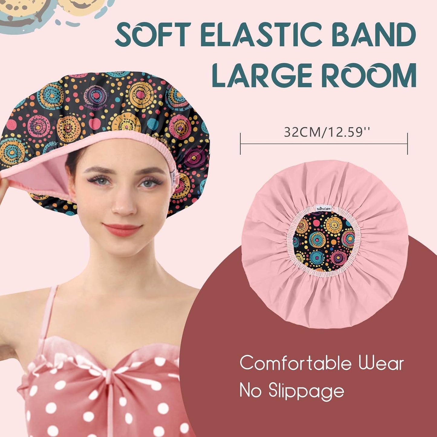 Years calm Luxury Shower Caps for Women Reusable Waterproof – Polka Dot Double Layer Bath Cap with Adjustable Elastic for Braids & Long Hair, Comfortable & Stylish, Versatile Use (Black)