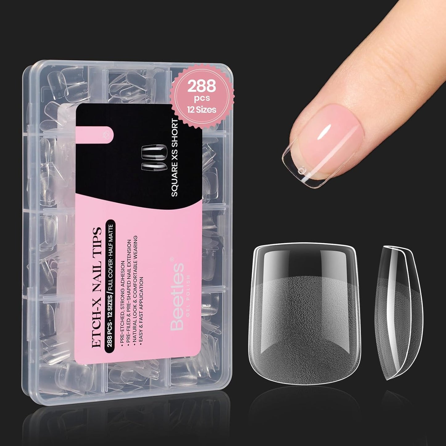Beetles Gel Nail Tips 288Pcs Extra Short Square Etch-X Fake Nails Half Matte Press on Nail Tips Full Cover Nail Tips Gel Nail Polish Extensions Set Gifts for women