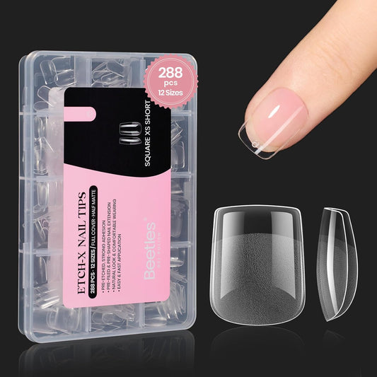 Beetles Gel Nail Tips 288Pcs Extra Short Square Etch-X Fake Nails Half Matte Press on Nail Tips Full Cover Nail Tips Gel Nail Polish Extensions Set Gifts for women