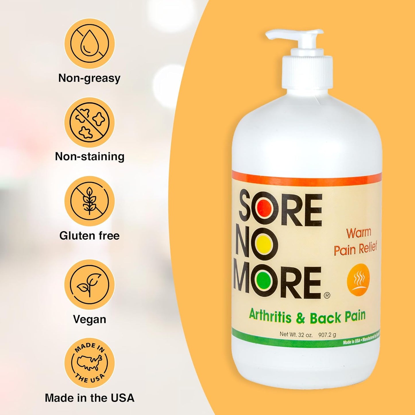 Sore No More Warm Arthritis Pain Relief Cream – Targeted Reliever for Back, Neck, Hands & Feet – Soothing & Fast-Acting Formula for Aches and Pains – Non-Greasy with Orange Aroma – 32 oz