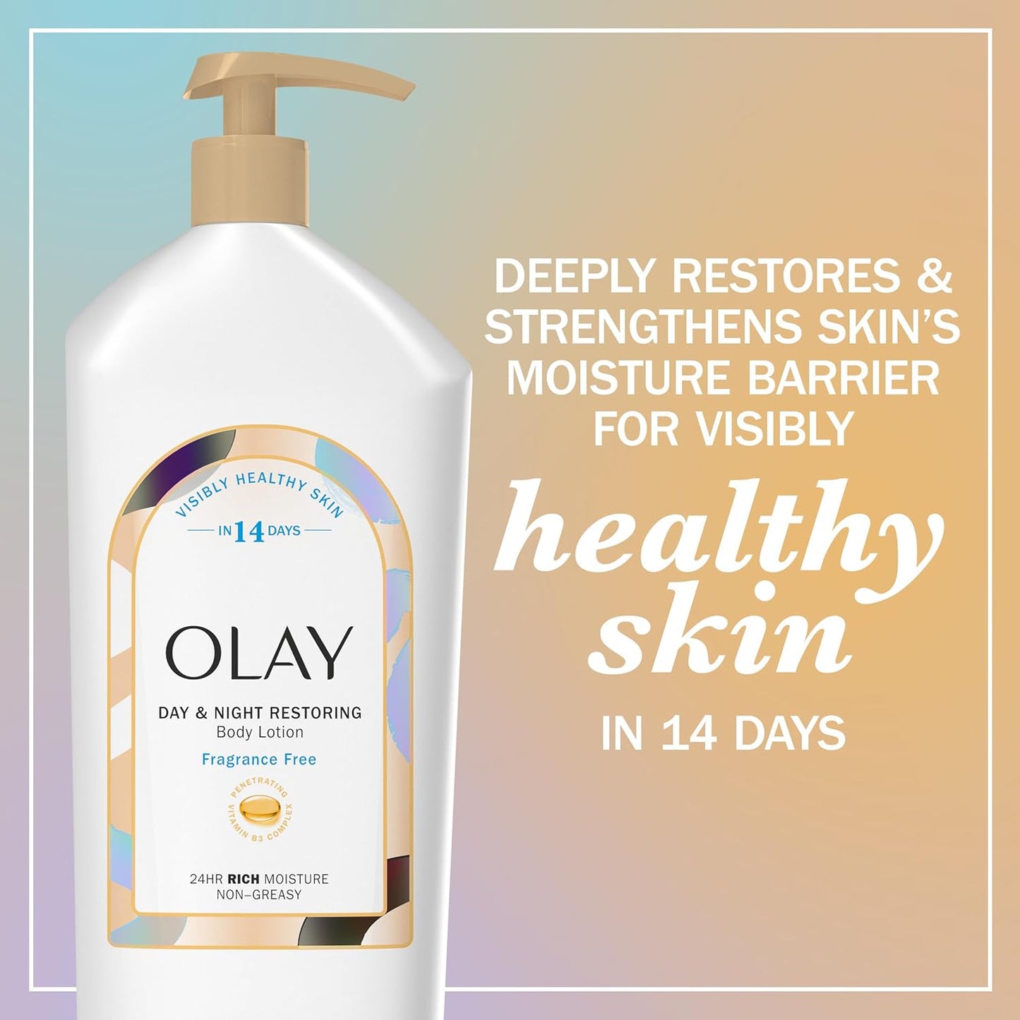 Olay Body Lotion for Women, Day & Night Restoring, 24hr Moisturizing & Deep Hydration, Absorbs Instantly, Penetrating Vitamin B3 Complex, For All Skin Types, Fragrance Free, 18 fl oz