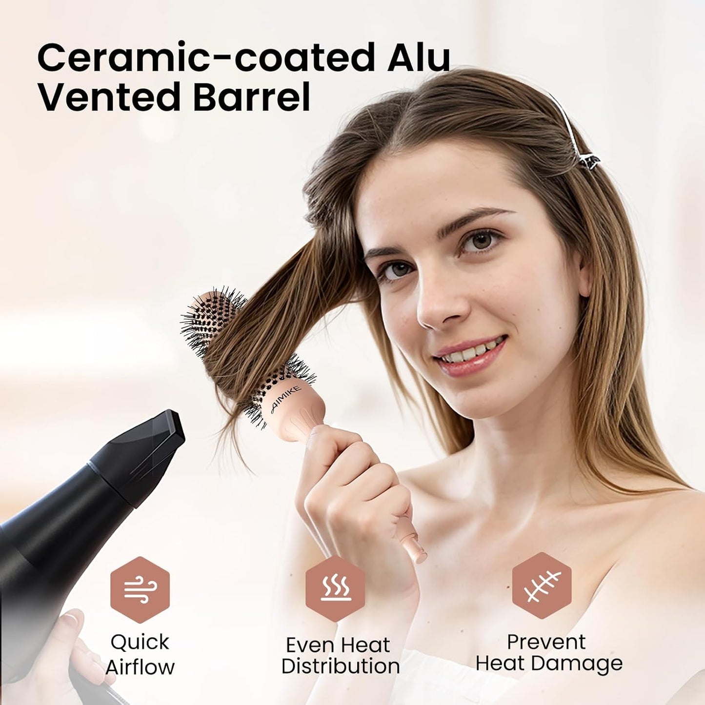 AIMIKE Round Brush for Blow Out, Small Round Hair Brush w/Nano Ion Thermal Ceramic Tech, Professional RoundBrush for Blow Drying & Styling, Maximum Volume and Shine, Barrel 1.3 inch