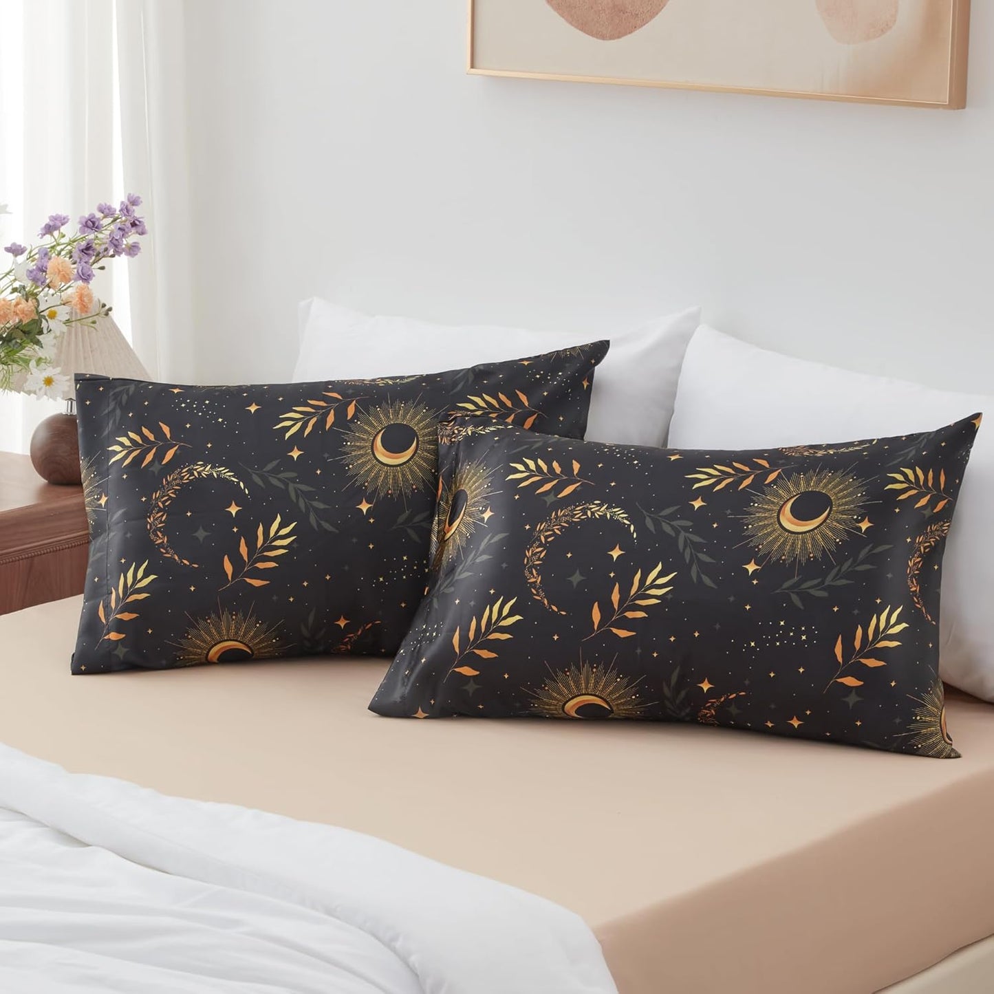 EXQ Home Satin Pillowcase for Hair and Skin - Multicolor Printed Black Moon Silk Pillowcase 2 Pack 20x26 inches - Standard Size Satin Pillow Cases Set of 2 with Envelope Closure