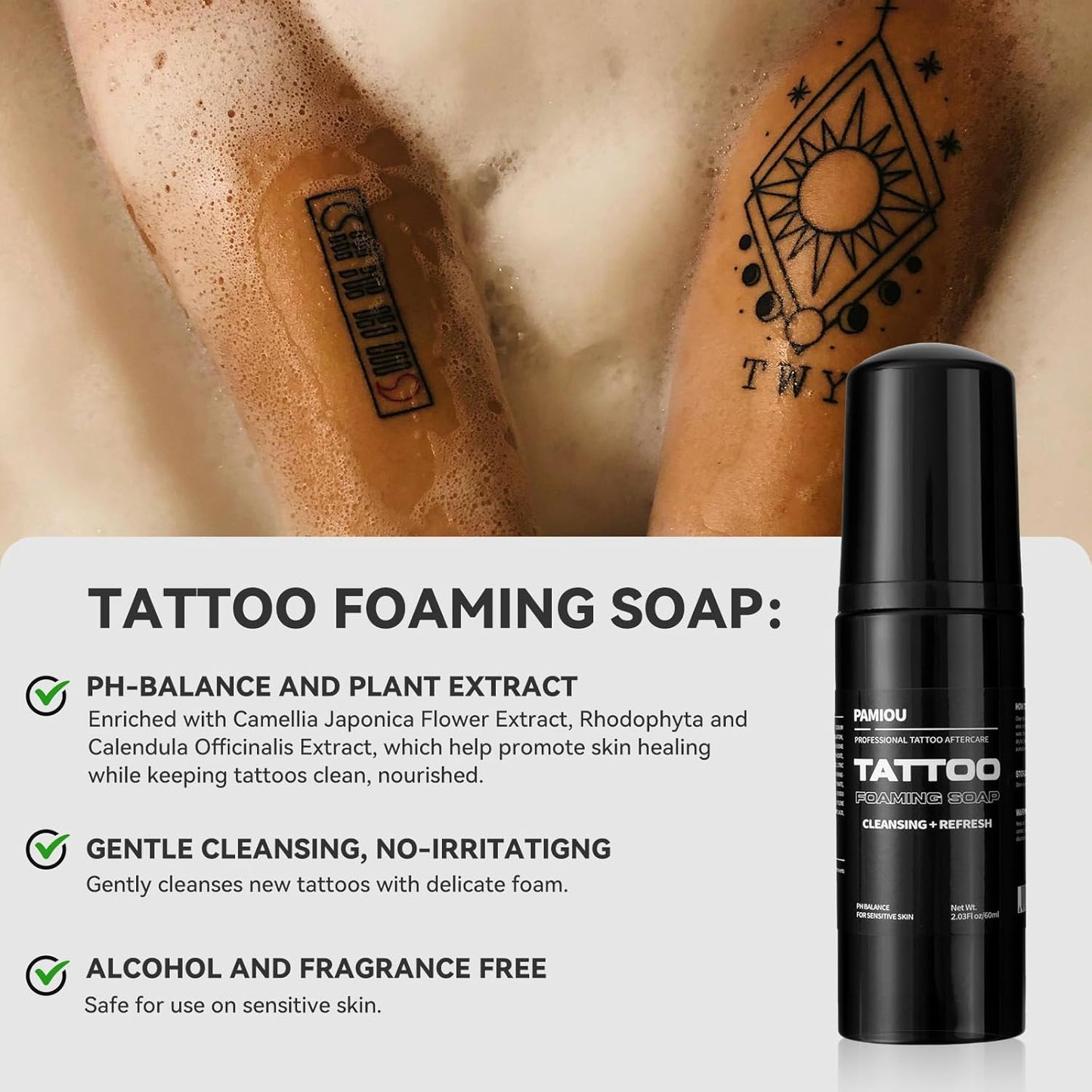 Tattoo Aftercare Soap For New Tattoos, Cleansing, Moisturizing With PH Balance, Non-Irritating, Fragrance Free, Sensitive Skin Friendly - Travel Size 60ml