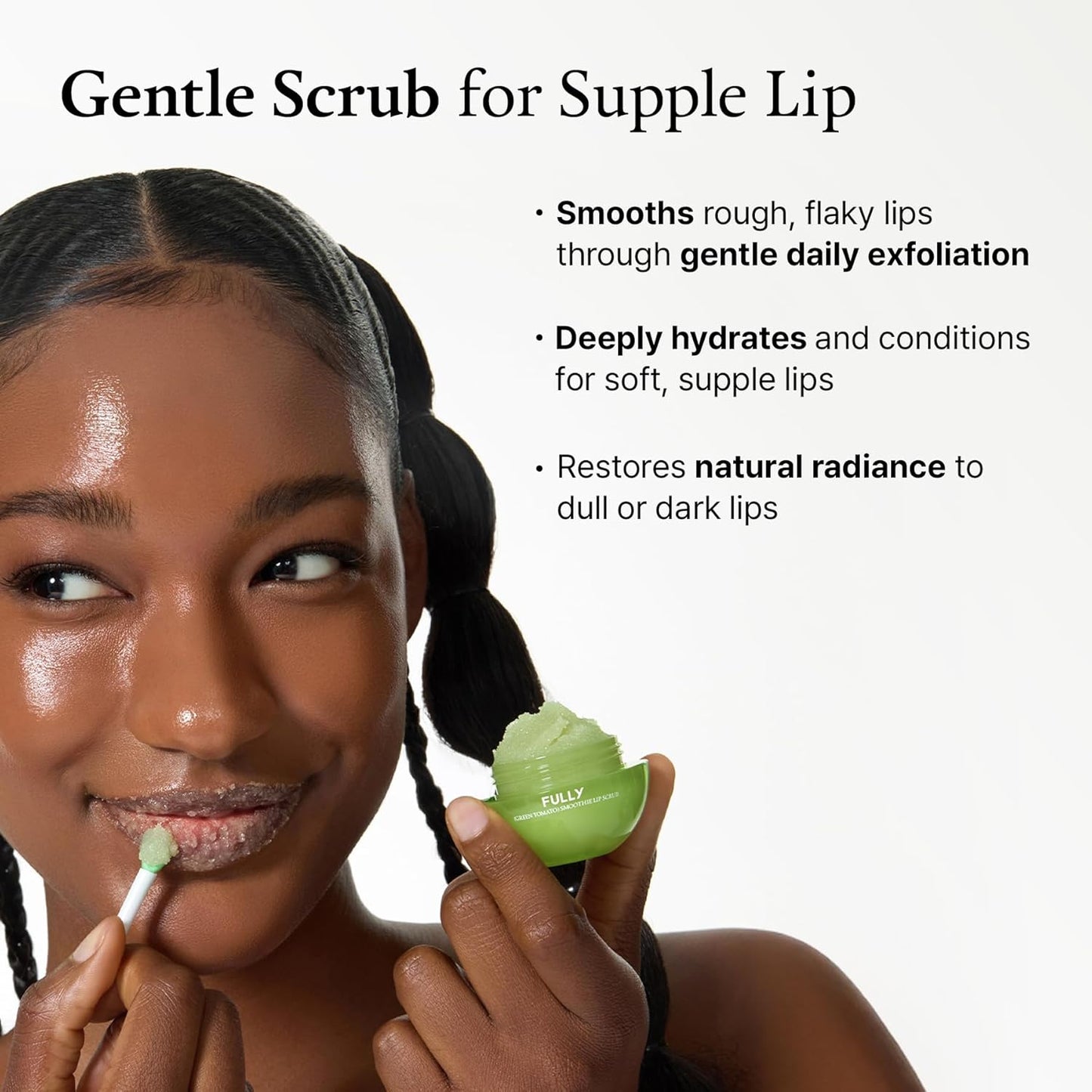 FULLY Green Tomato Smoothie Sugar Lip Scrub, Gentle Lip Exfoliator with Organic Sugar & Tomato Seed Oil for Smooth, Hydrated Lips, Vegan Daily Lip Polish for Dry, Flaky Lips, Korean Skincare, 0.42 oz