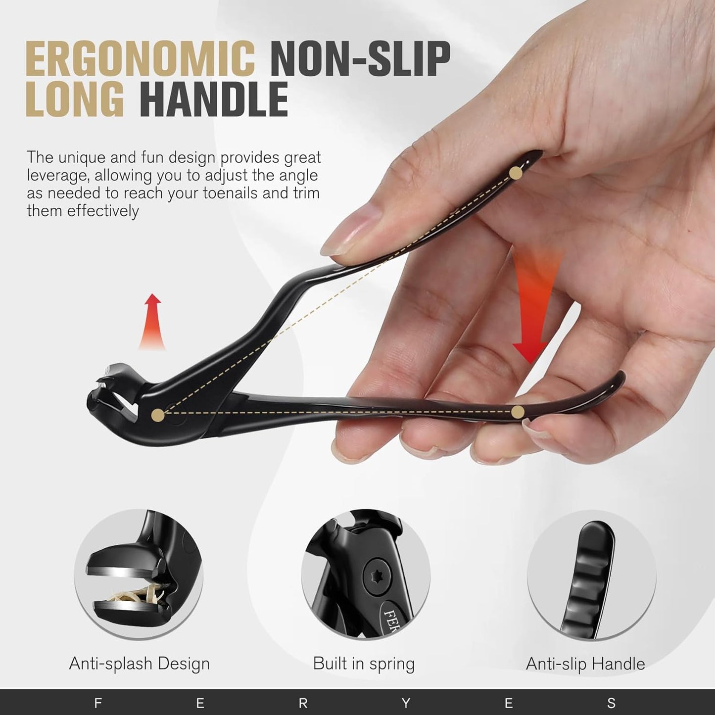 FERYES Ergonomic Non-Slip Long Handle Nail Clippers for Seniors, Unique Angled Head Curve Wide Jaw Opening Toenail Clipper with Catcher for Thick Toenails and Fingernails
