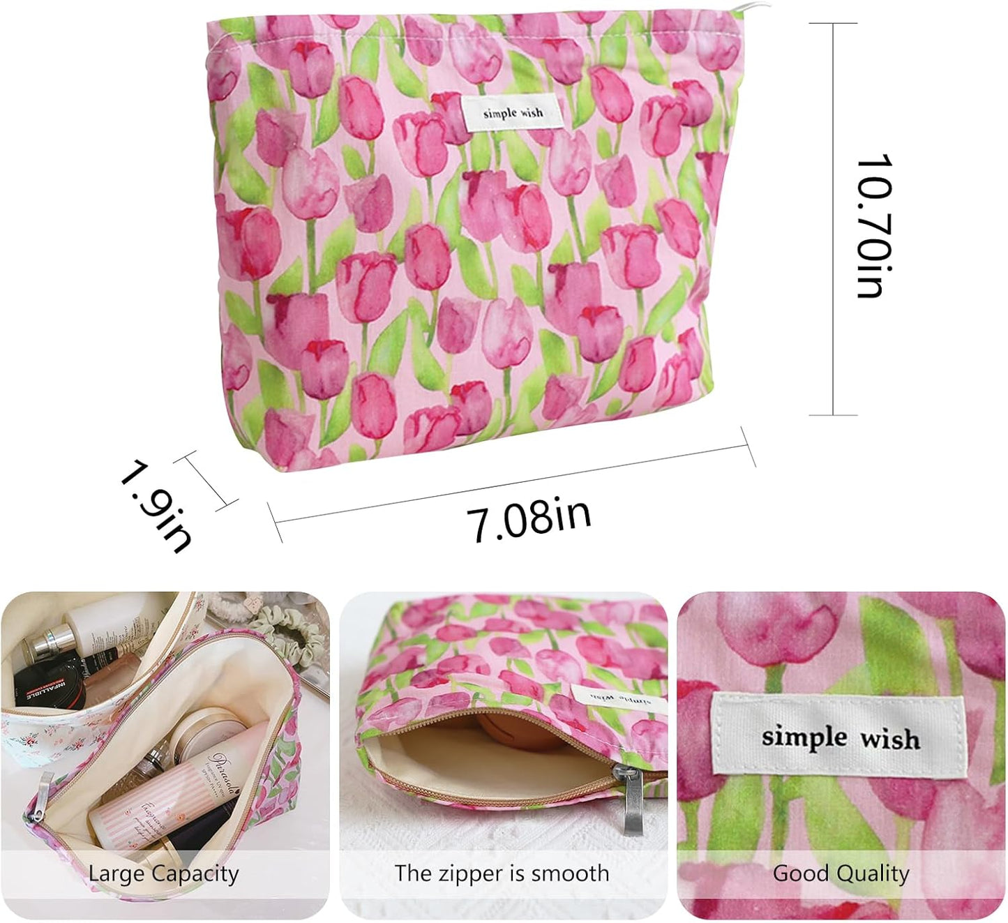 Wudygir Floral Makeup Bag for Women Travel Toiletry Bag Large Capacity Cosmetic Pouch with Zipper Cute Makeup Organizer Portable Handbag (Tulips)