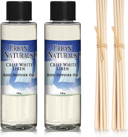 Urban Naturals Crisp White Linen Scented Oil Reed Diffuser Refill | Free Set of Reed Sticks! A Fresh, Clean Cotton Scent, 4 oz (2 Pack)