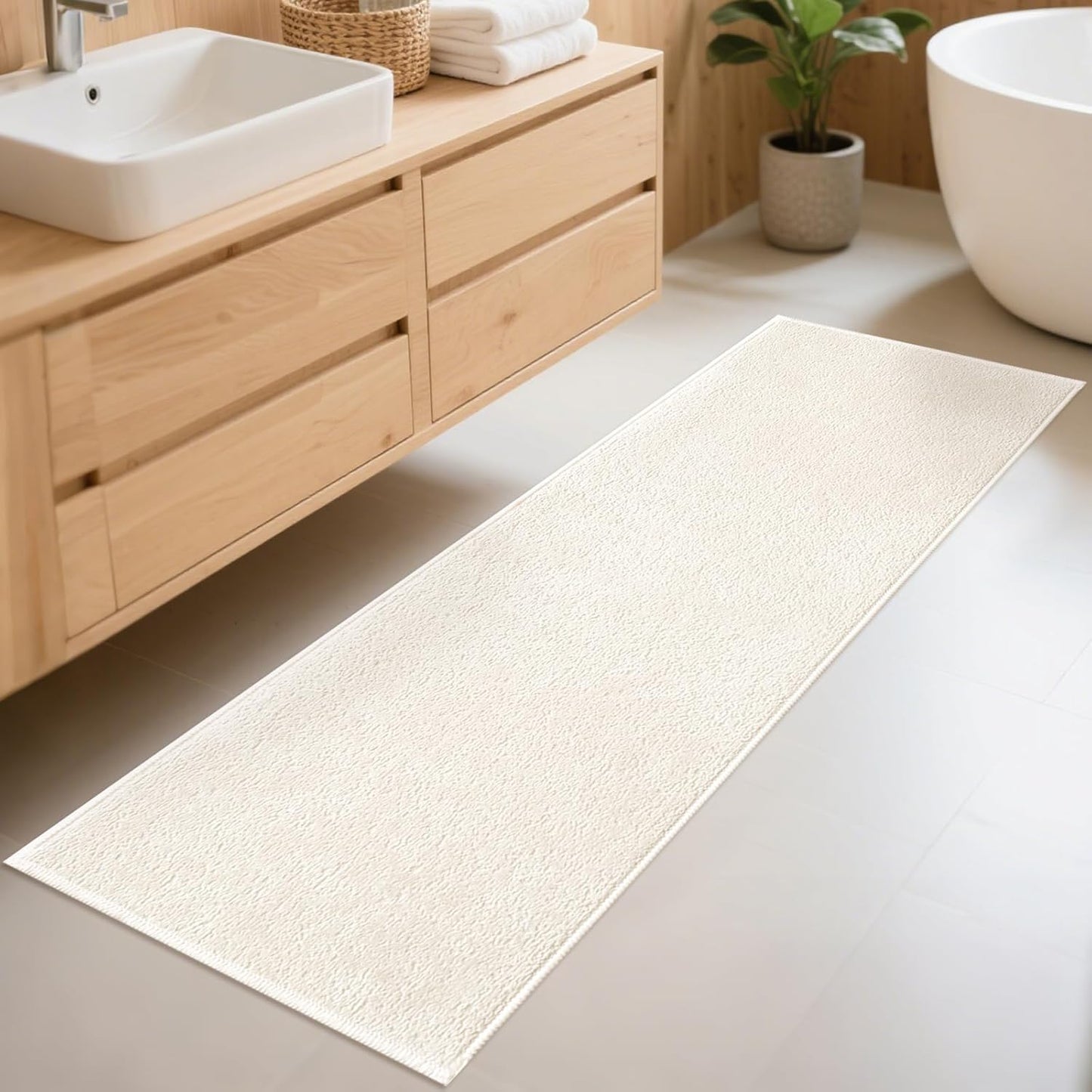 Bathroom Runner Rugs, Thin Absorbent Non-Slip Bath Mat, Quick Dry Low Pile Mats for Bathroom Floor Front of Bathtub,Shower Room,Sink,24"×60",White