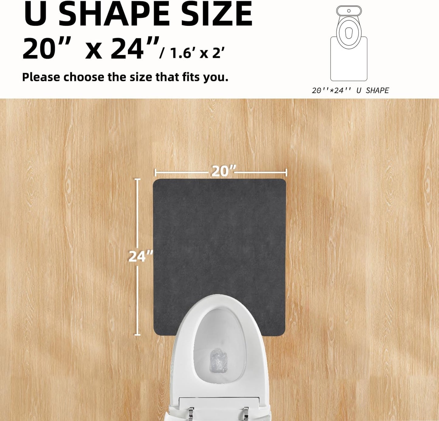 Toilet Rug, Thin Toilet Rugs U Shaped Washable Non Slip Absorbent Quick Dry Low Pile Toilet Mat, 20"x24" U Shape Black