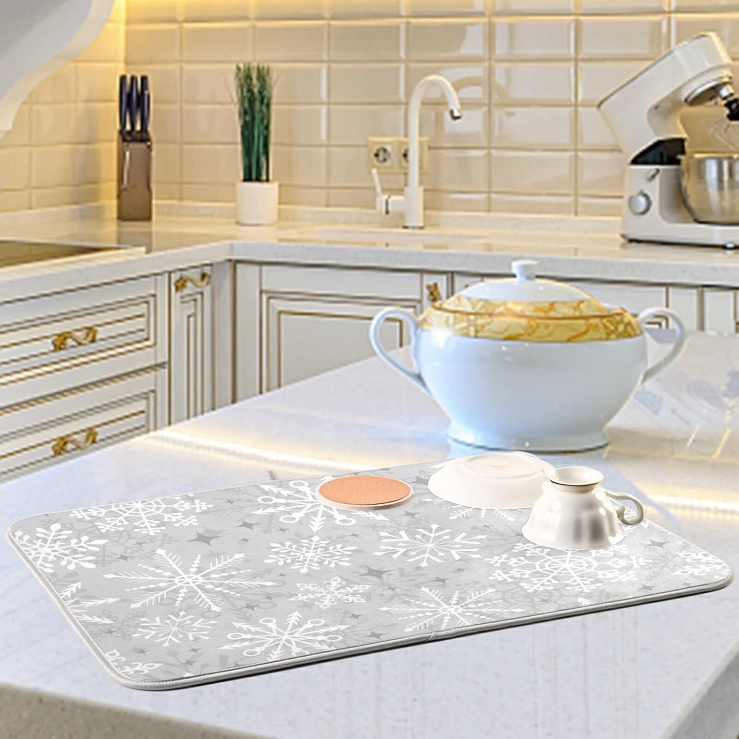 Christmas Silver Snowflake Microfiber Dish Drying Mat 18'' x 24'' for Kitchen Counter Drying Pad Dish Drainer Mats Absorbent Dish Draining Mat Extra Large