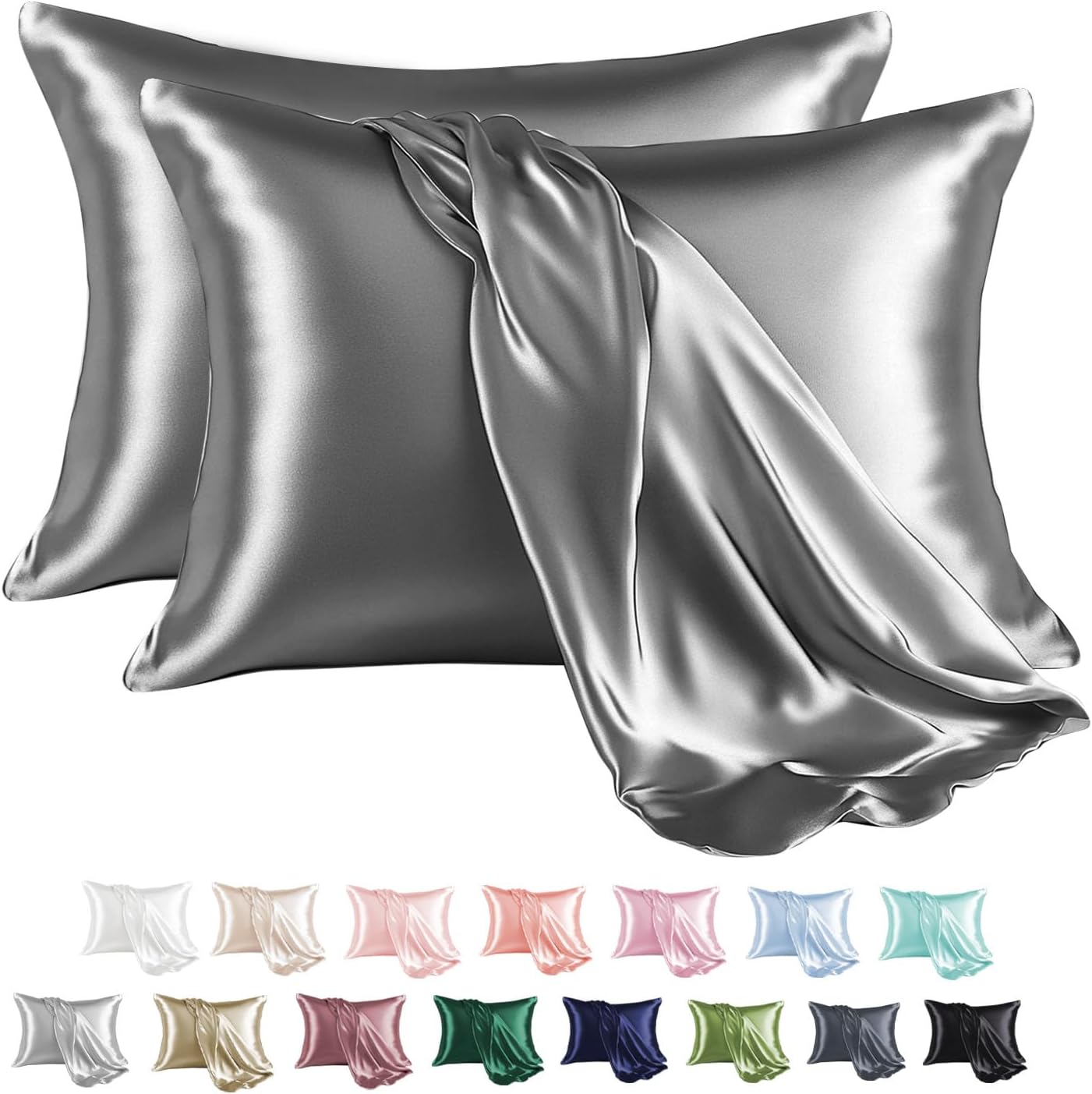MR&HM Satin Pillowcase for Hair and Skin, Silk Satin Pillowcase 2 Pack, King Size Pillow Cases Set of 2, Silky Pillow Cover with Envelope Closure (20x40, Dark Grey)