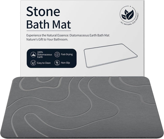Stone Bath Mat Diatomaceous Earth Shower Mat Non-Slip Super Absorbent Diatomite Stone Mats for Bathroom Floor Quick-Drying Easy to Clean (24''*16'' Grey)