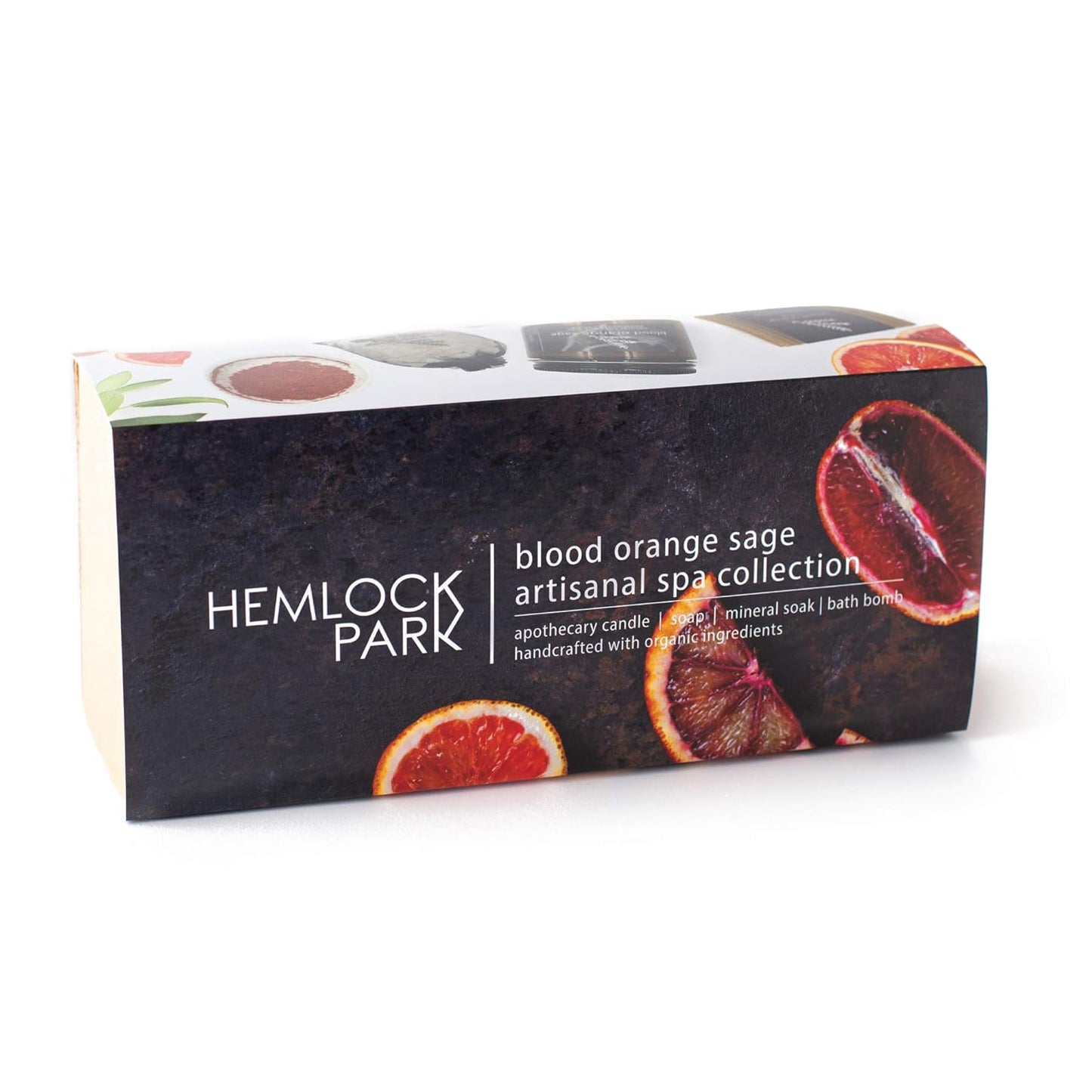Hemlock Park Blood Orange Sage Artisanal Spa Gift Box | Apothecary Candle, Shea Butter Soap, Bath Bomb, Mineral Salt Bath Soak | Handcrafted with Plant Based Ingredients