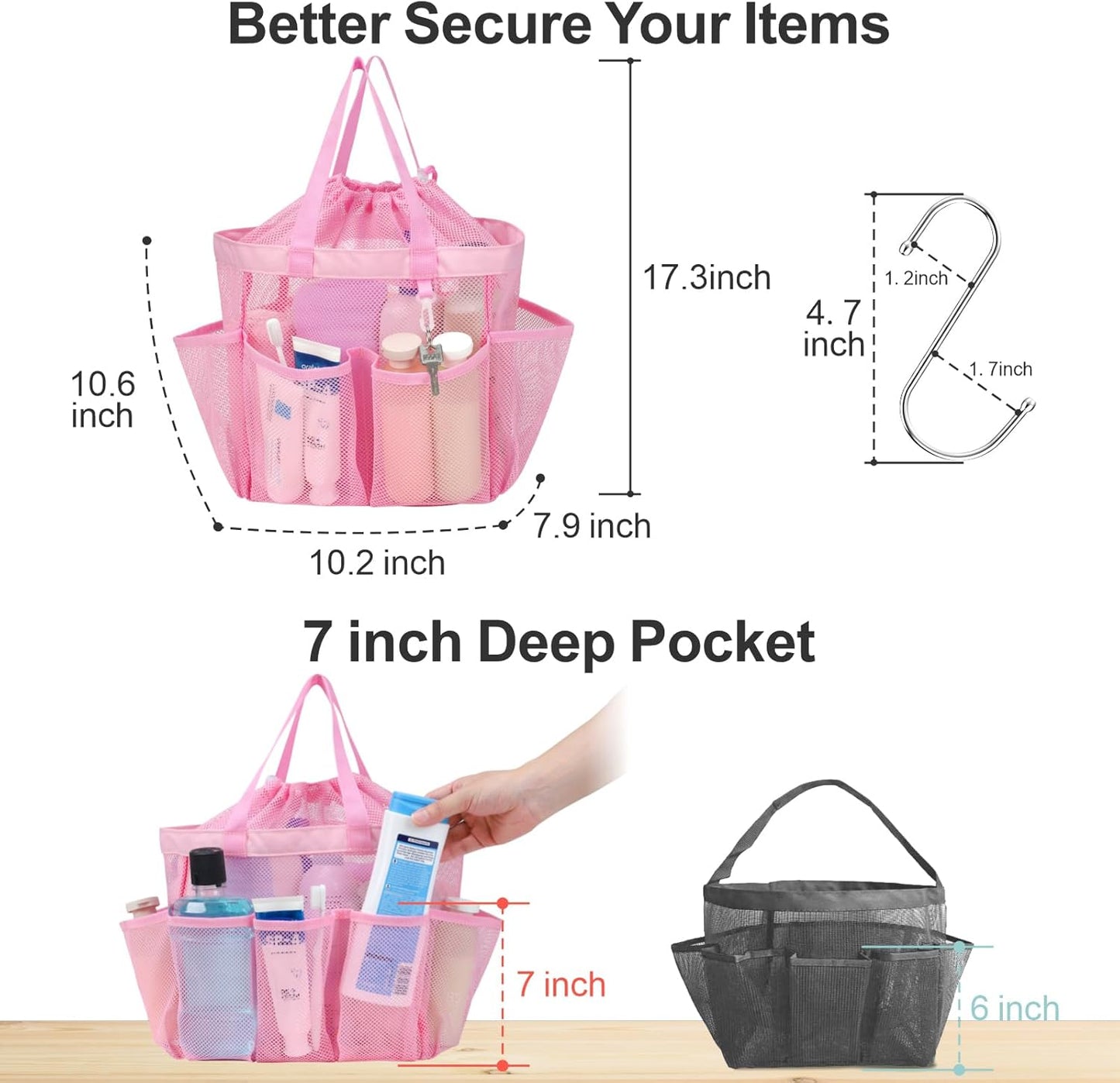 F-color Mesh Shower Caddy Portable with Drawstring - Upgrade Deeper 7 Pockets Dorm Room Essentials for Guys Girls with S Hook, Shower Bag Basket Tote for College Camping Bathroom, 2 Pack Pink