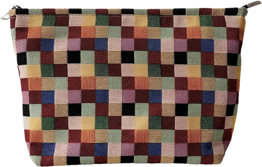 Stylish Checkered Canvas Makeup Bag – Travel Cosmetic Organizer (10.6 x 7.1 x 2.8 Inches), Large Cosmetic Bag, Colored Squares Zipper Pouch, Plaid Fabric, Plain lining