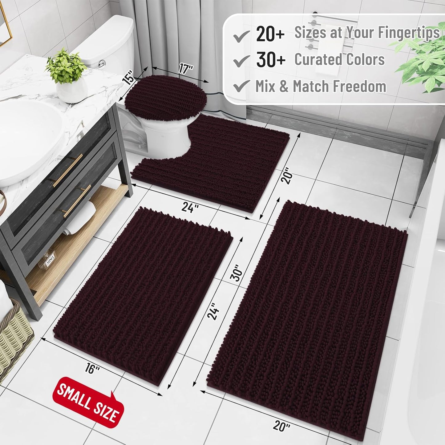 Arotive Luxury Chenille Bathroom Rug Mat, Extra Soft Thick Absorbent Shaggy Bath Rugs, Non-Slip Machine Wash Dry, Plush Bath Mats for Bathroom, Shower and Tub, 30x20, Black Cherry