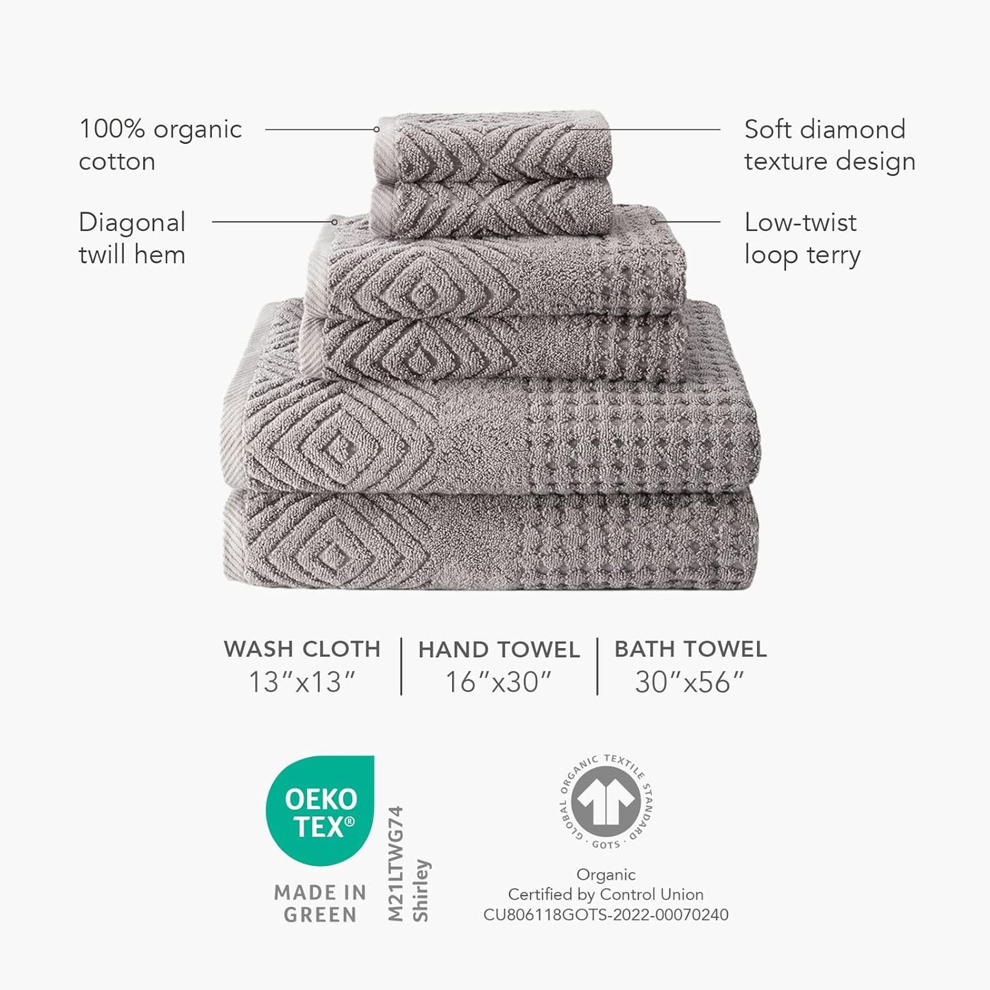 Texere 100% Organic Cotton Jacquard Towel Sets (Diamond, Merlot, 4 Bath Towels)