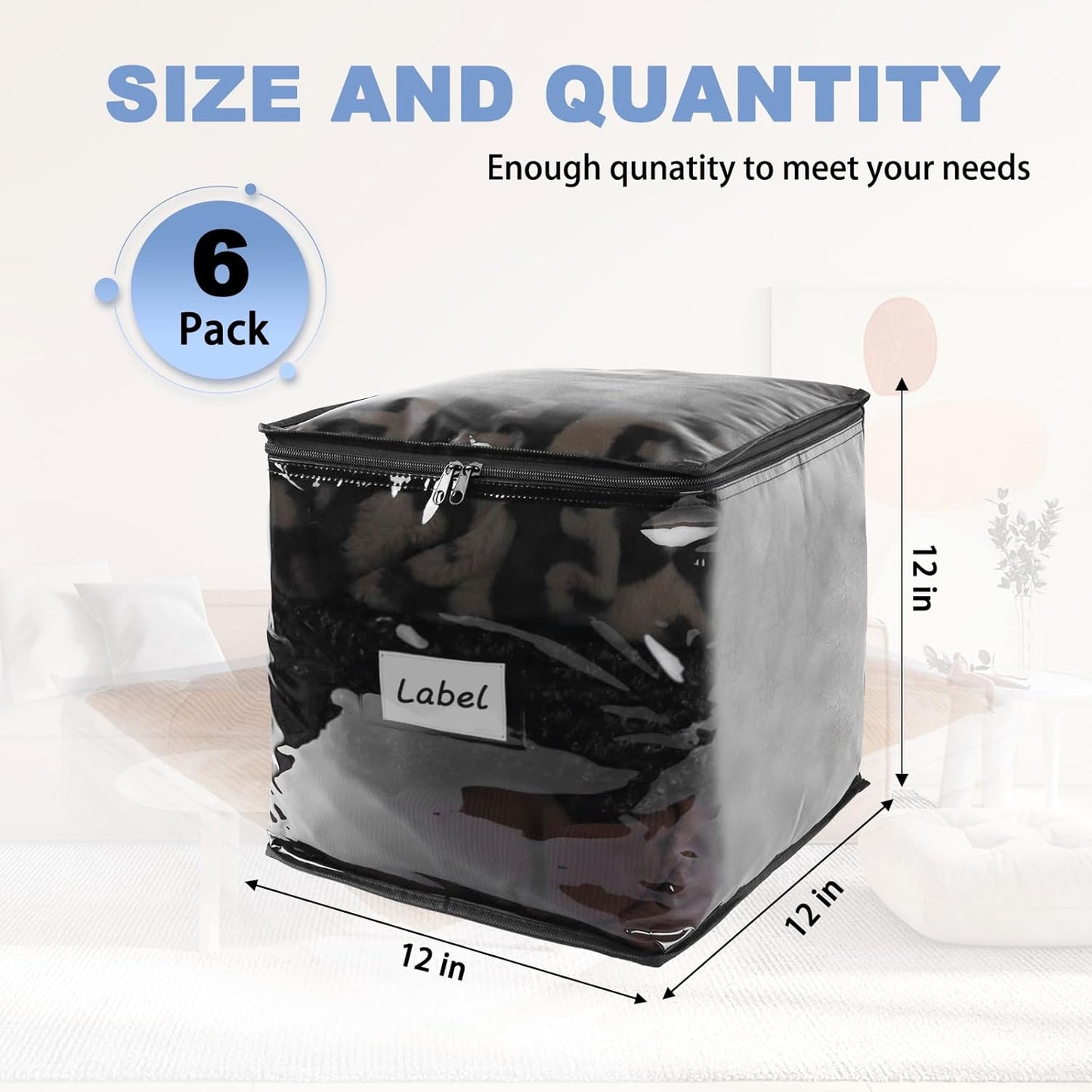 Clear Zippered Storage Bags Plastic Sweater Storage Bags with Zipper 6 Packs Clothing Organizer for Blankets Linen Sweater Bed Sheet Quilt Clothes Pillow (12 x 12 x 12 Inch, Black)