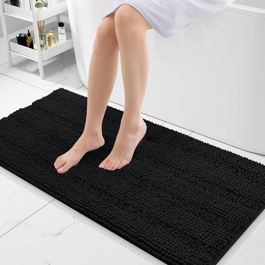 Grandaily Chenille Striped Bathroom Rugs 47x20, Extra Thick and Absorbent Bath Mats, Non-Slip Soft Plush Shaggy Shower Carpet, Machine Wash Dry, Bath Rug for Bathroom, Black