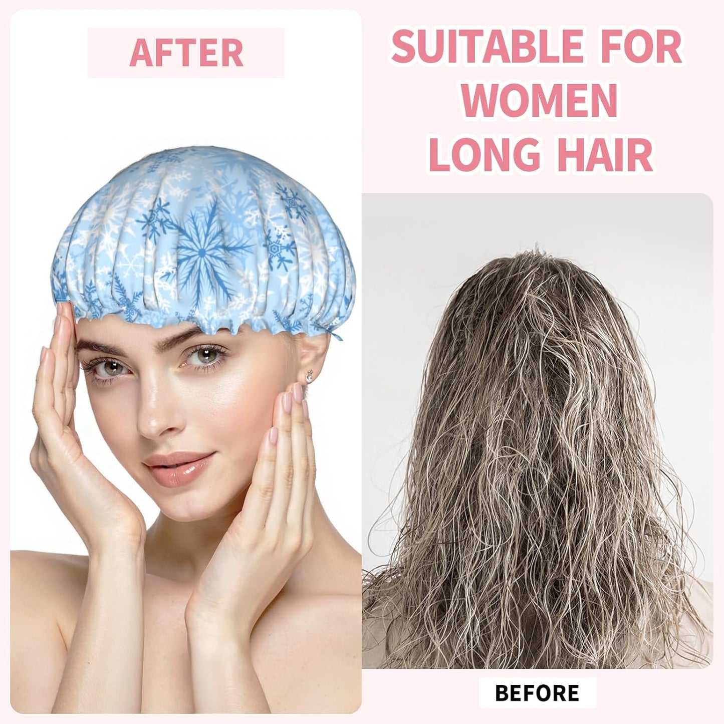 Winter Snowflakes Shower Caps Blue White Snowflakes Hair Caps for Shower Dual-Layer Waterproof Bath Hat Elastic Reusable Hair Hat for Shower Cooking Clean Makeup Travel